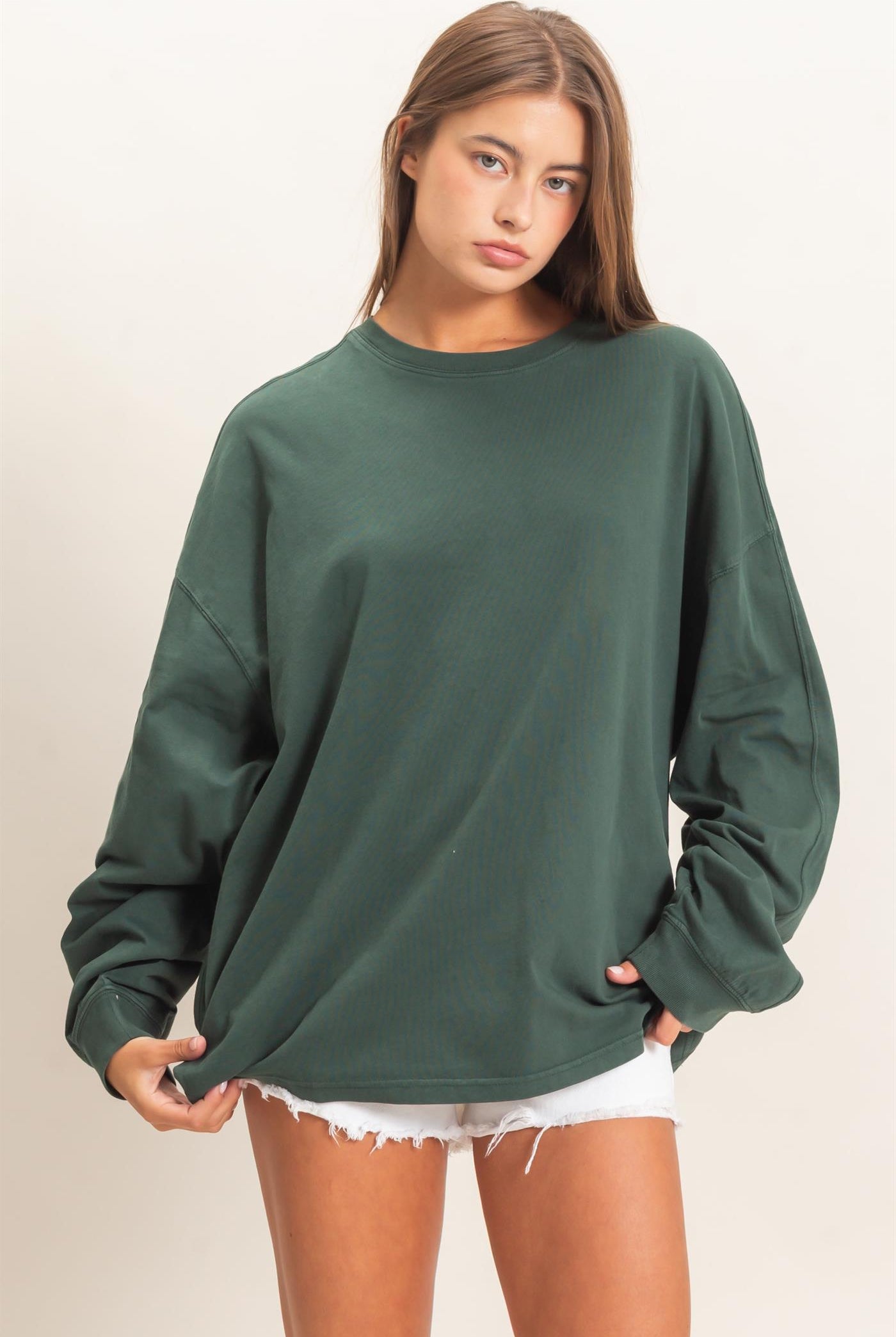 Wholesale Pigment Dye Oversized Long Sleeve Top Clothing Tops DZ26A825 DARK GREEN DOUBLE ZERO