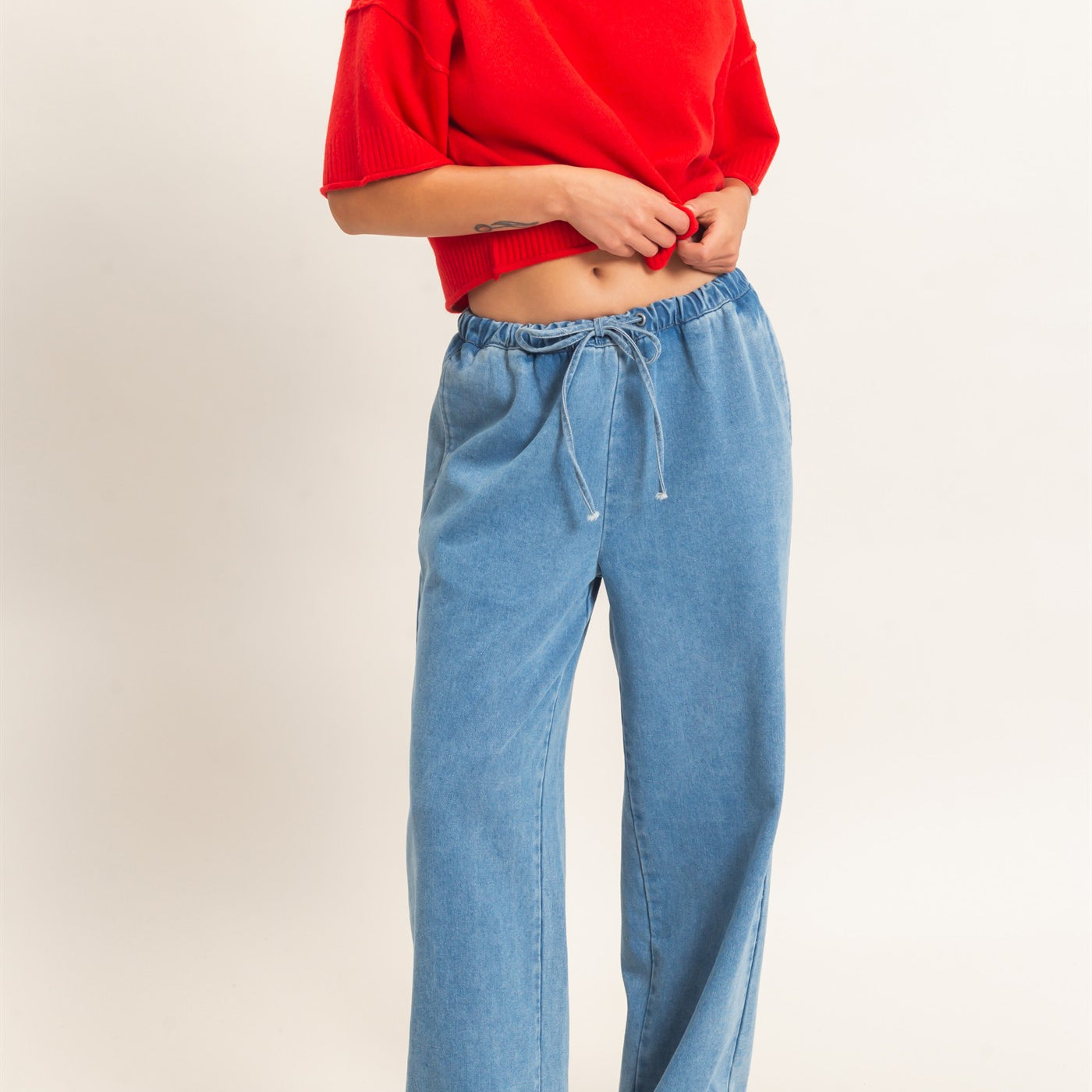 Wholesale Elastic Waist Wide Leg Denim Pants Pants DZ26E331 MEDIUM BLUE DOUBLE ZERO