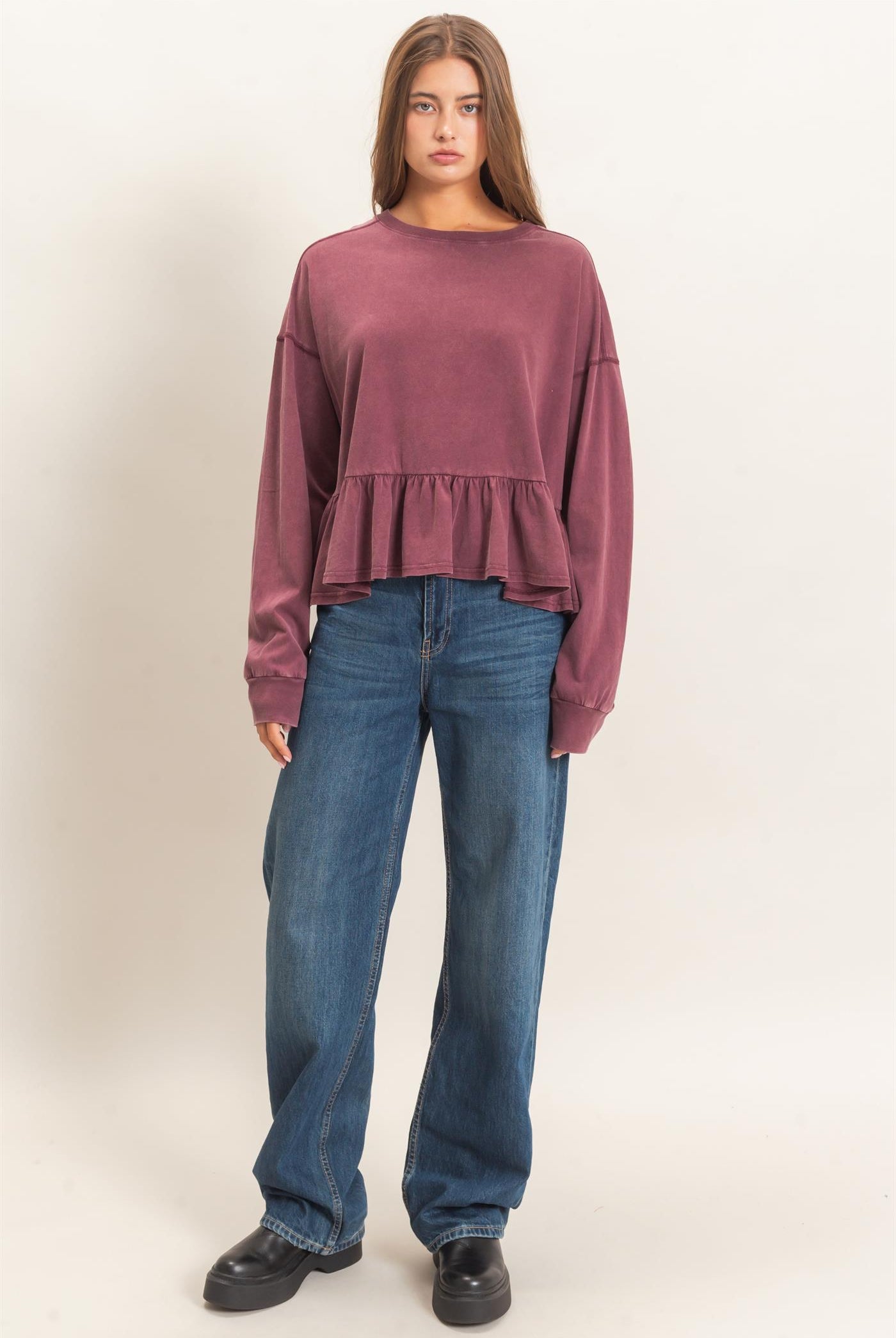 Wholesale Peplum Long Sleeve Top Clothing Tops DZ26F397 DARK CHERRY DOUBLE ZERO