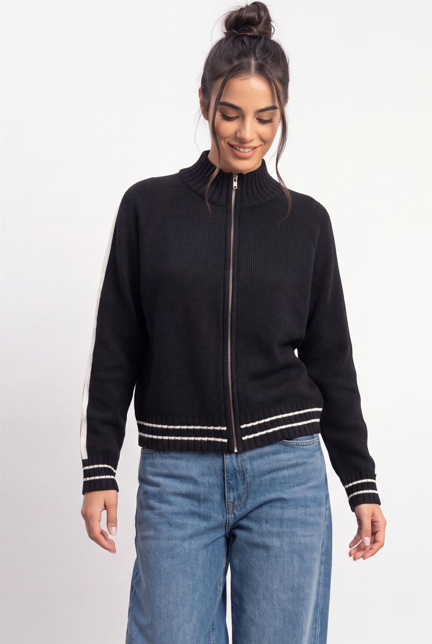 Wholesale Contrast Stripe Zip-Up Sweater Sweaters DZ26E861 BLACK DOUBLE ZERO