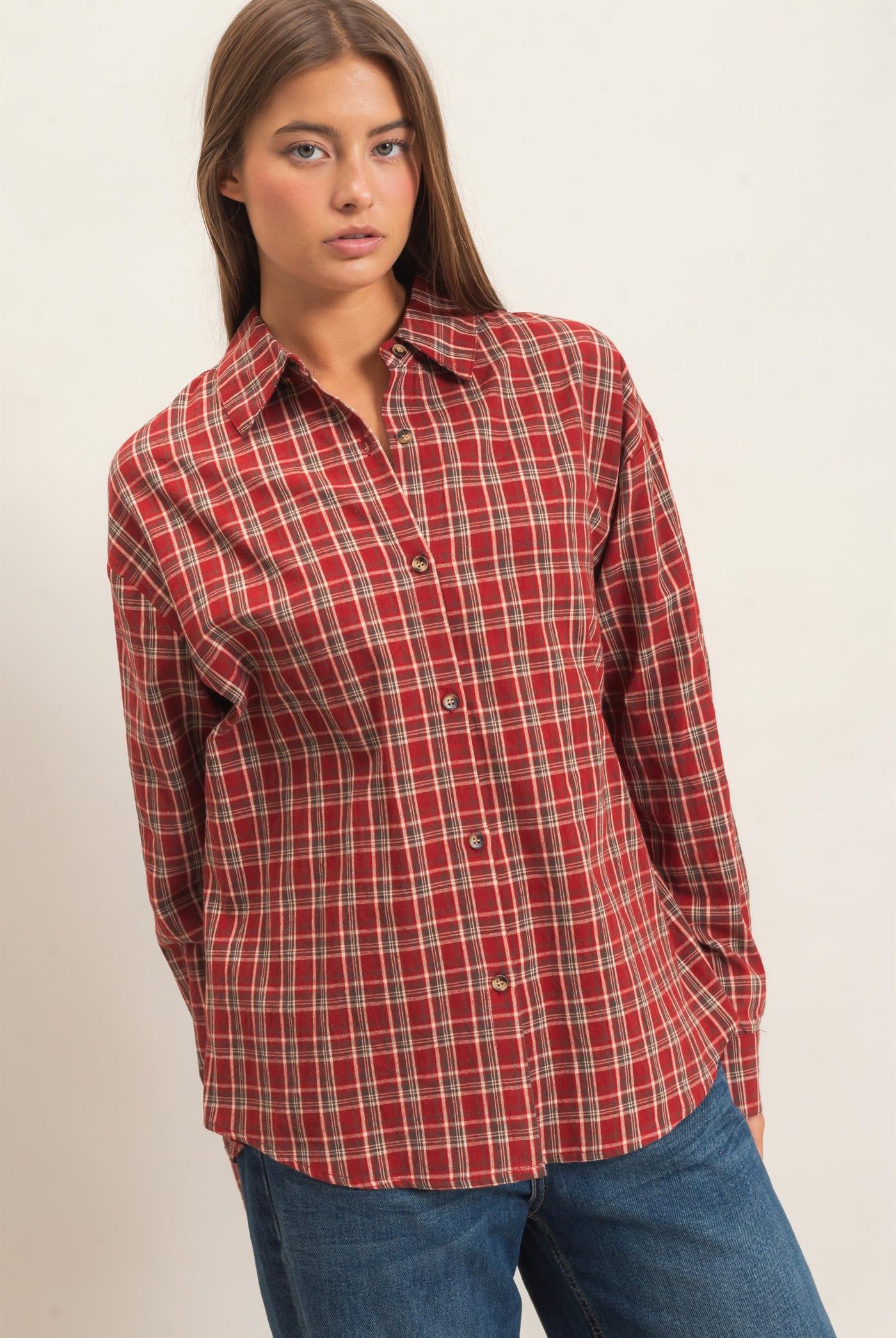 Wholesale Plaid Oversized Shirt Shirts DZ26F062 DARK RED DOUBLE ZERO