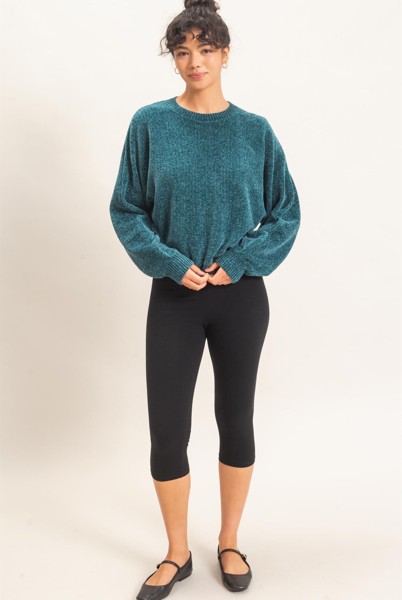 Wholesale Chenille Crew Neck Sweater Sweaters DZ26E264 DARK TEAL DOUBLE ZERO