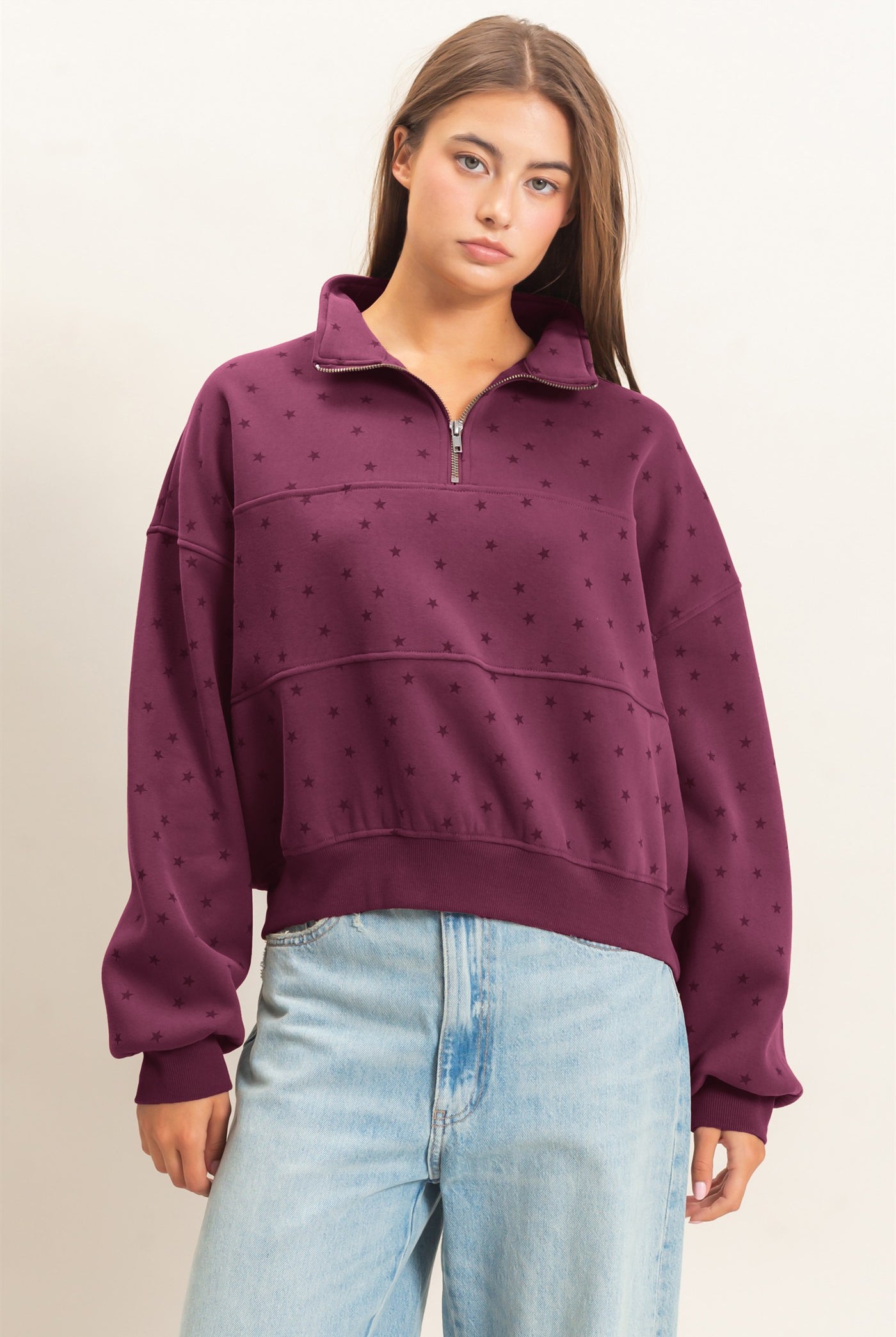 Wholesale Star Print Half Zip Sweatshirt Sweatshirts DZ26E245 DARK CHERRY DOUBLE ZERO