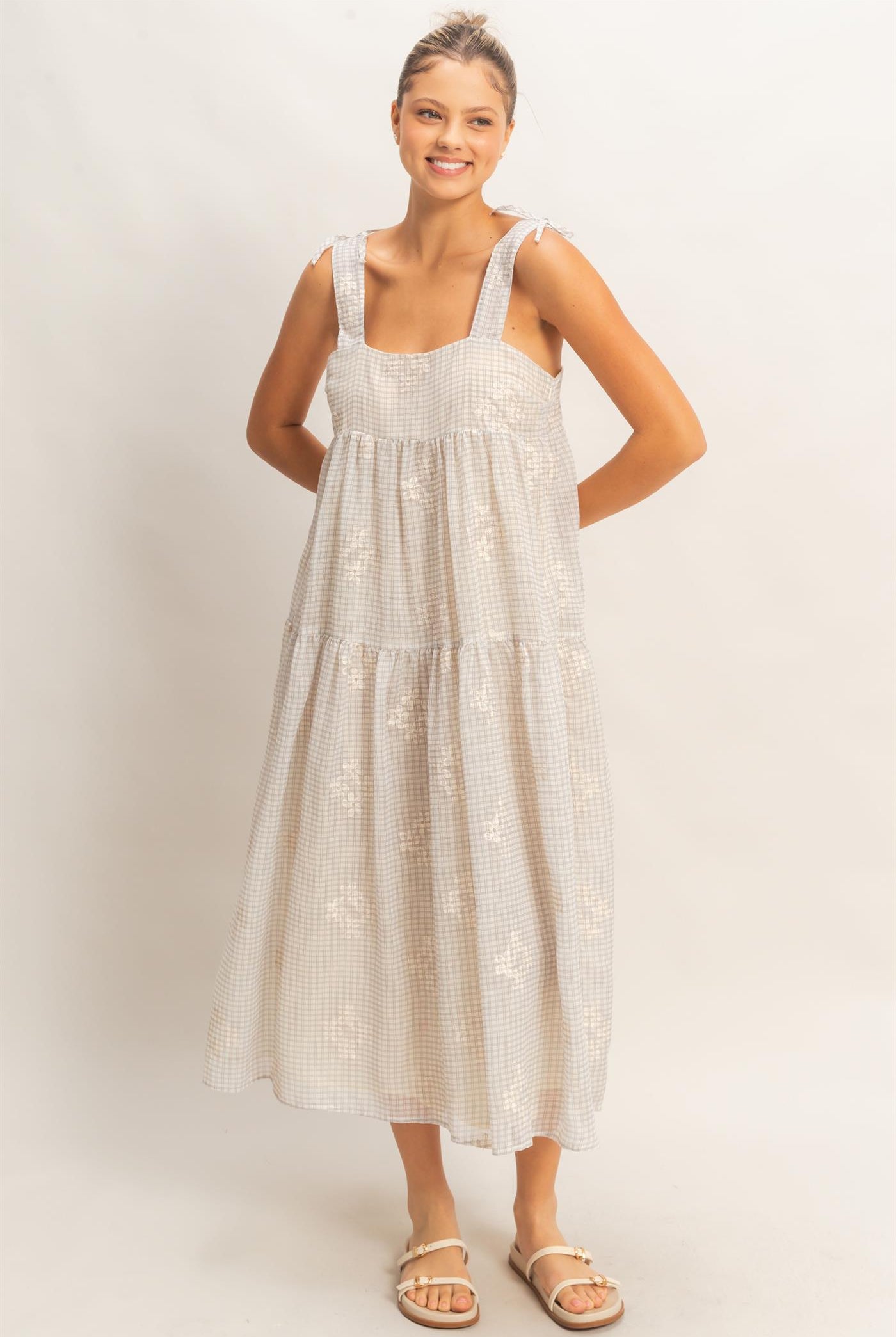 Wholesale Tiered Gingham Dress With Embroidery Dresses HF26A695 DARK MAUVE HYFVE