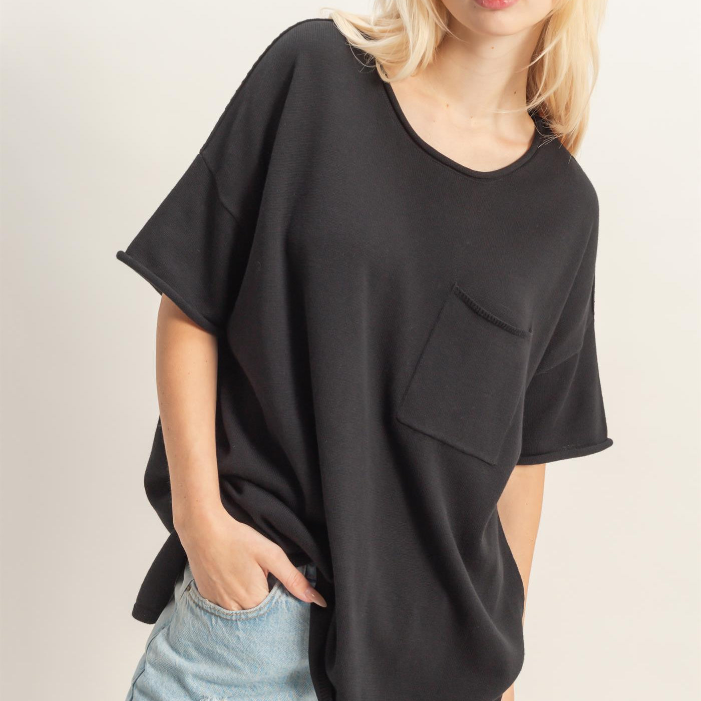 Wholesale Oversized Short Sleeve Round Neck Pocket Knit Top Clothing Tops DZ26A691 BLACK DOUBLE ZERO