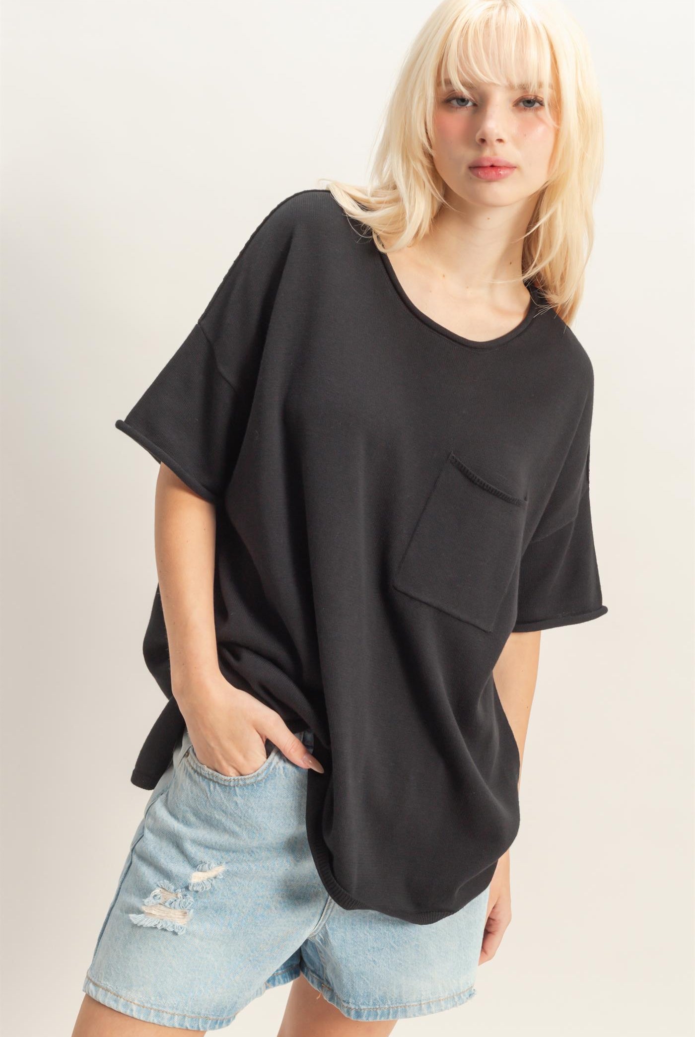 Wholesale Oversized Short Sleeve Round Neck Pocket Knit Top Clothing Tops DZ26A691 BLACK DOUBLE ZERO