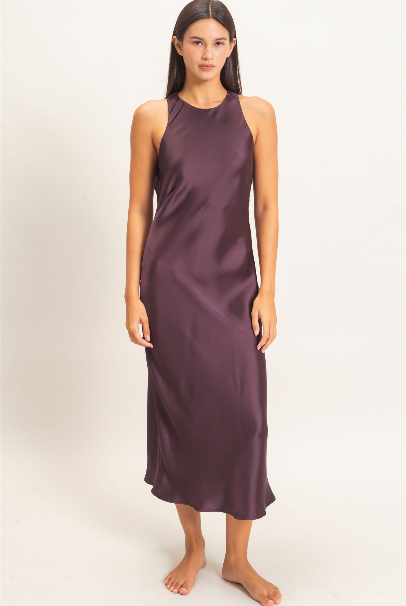 Wholesale Sleeveless Satin Midi Dress Dresses DZ26E257 DARK CHERRY DOUBLE ZERO