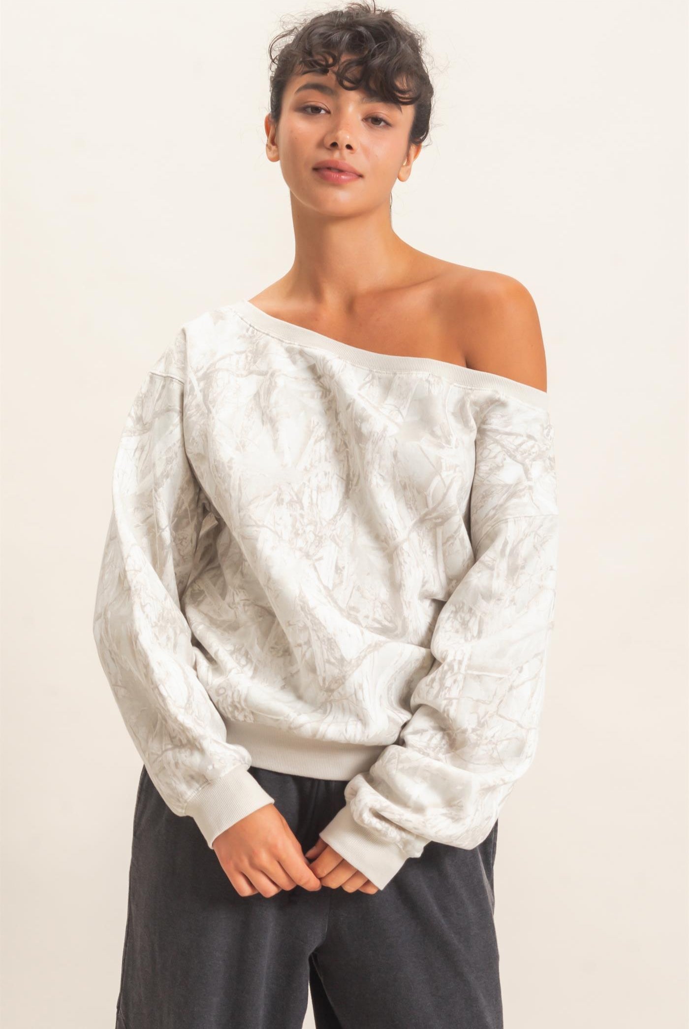 Wholesale Tree Camouflage Print Off The Shoulder Sweatshirt Sweatshirts DZ26F310 GRAY DOUBLE ZERO