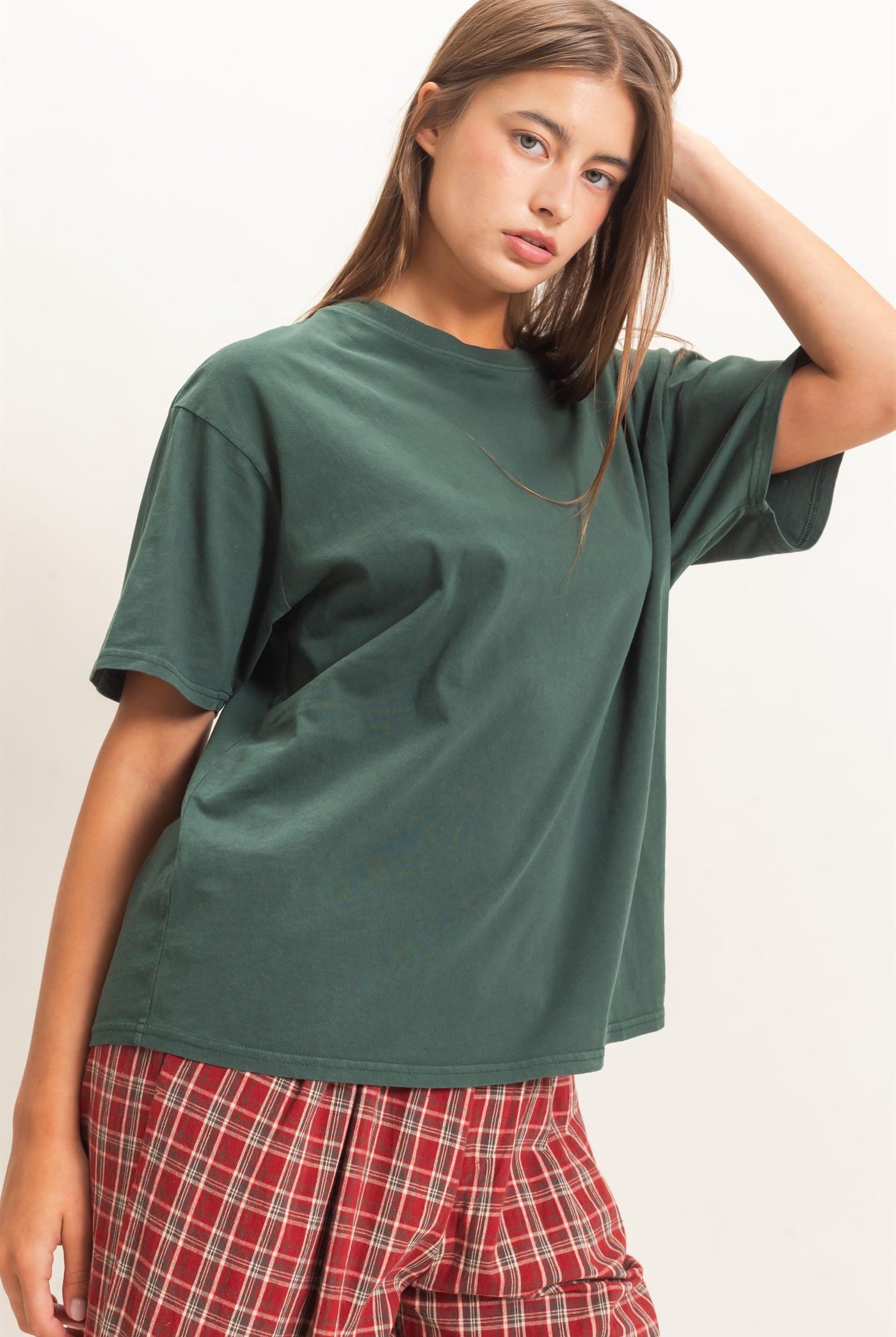 Wholesale Crew Neck Pigment Dye T-Shirt Clothing Tops DZ26E448 DARK GREEN DOUBLE ZERO