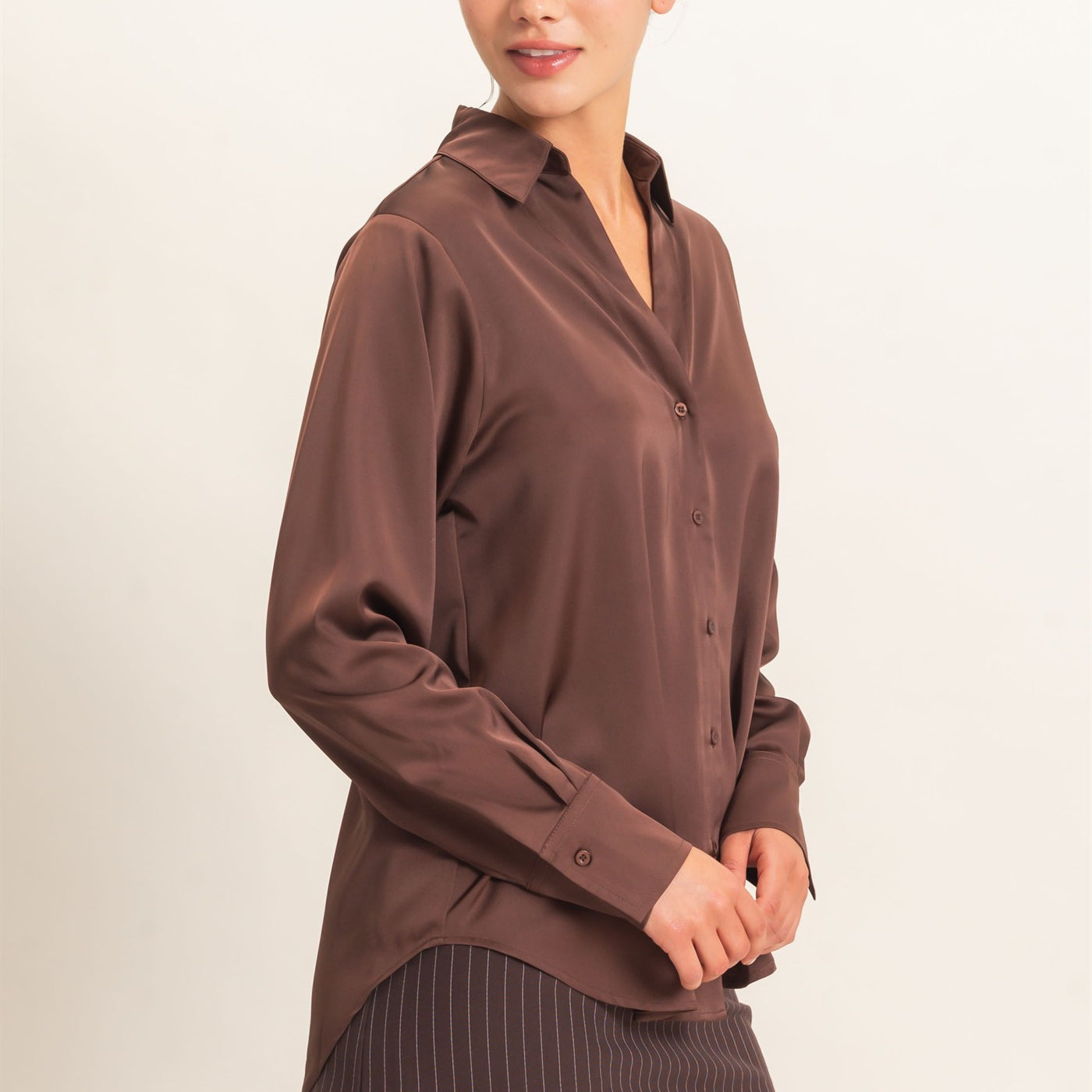 Wholesale Satin Button-Down Shirts Shirts DZ26E265 DARK BROWN DOUBLE ZERO