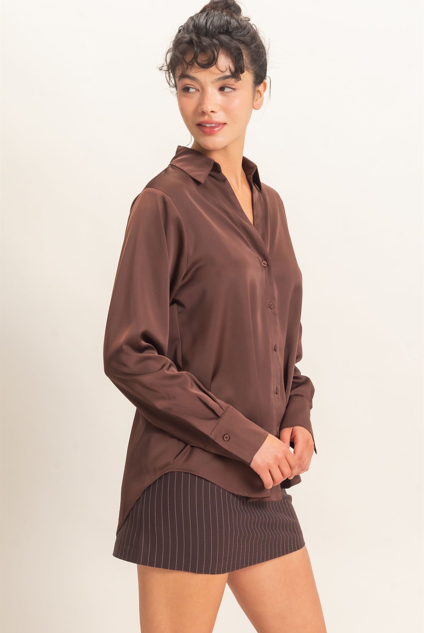 Wholesale Satin Button-Down Shirts Shirts DZ26E265 DARK BROWN DOUBLE ZERO