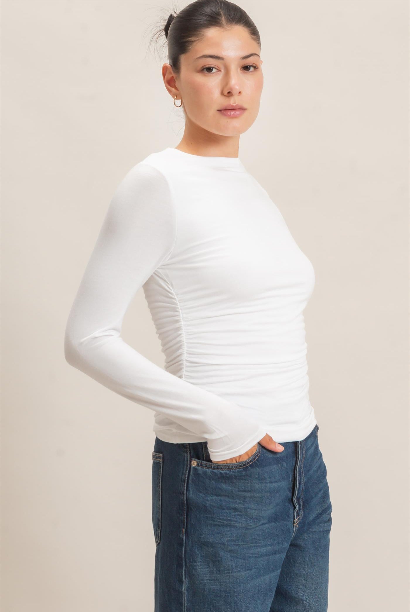 Wholesale Ruched Long Sleeve Top Clothing Tops HF26E776 OFF WHITE HYFVE