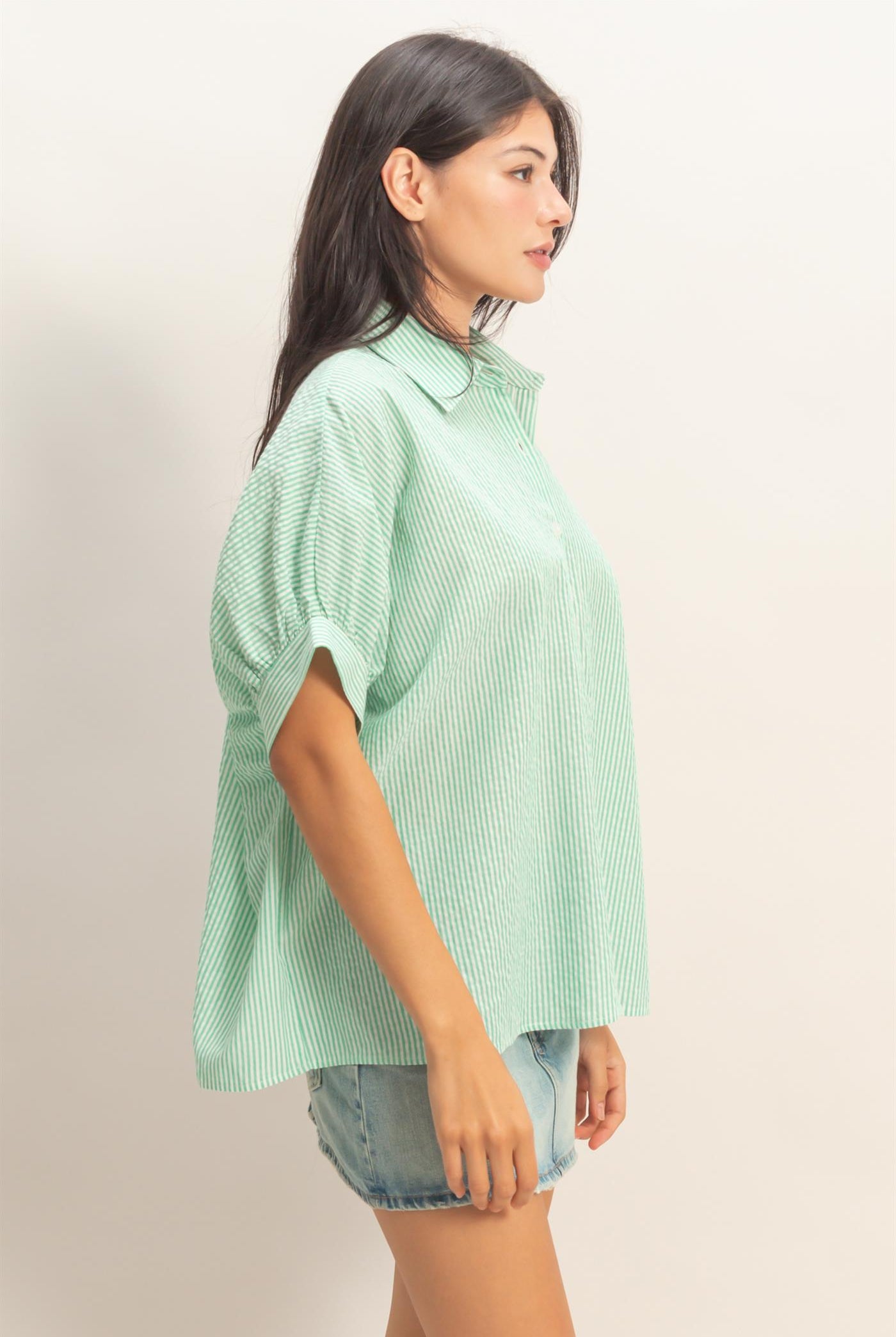 Wholesale Striped Short Sleeve Button-Front Blouse T-Shirts DZ26C276 GREEN DOUBLE ZERO