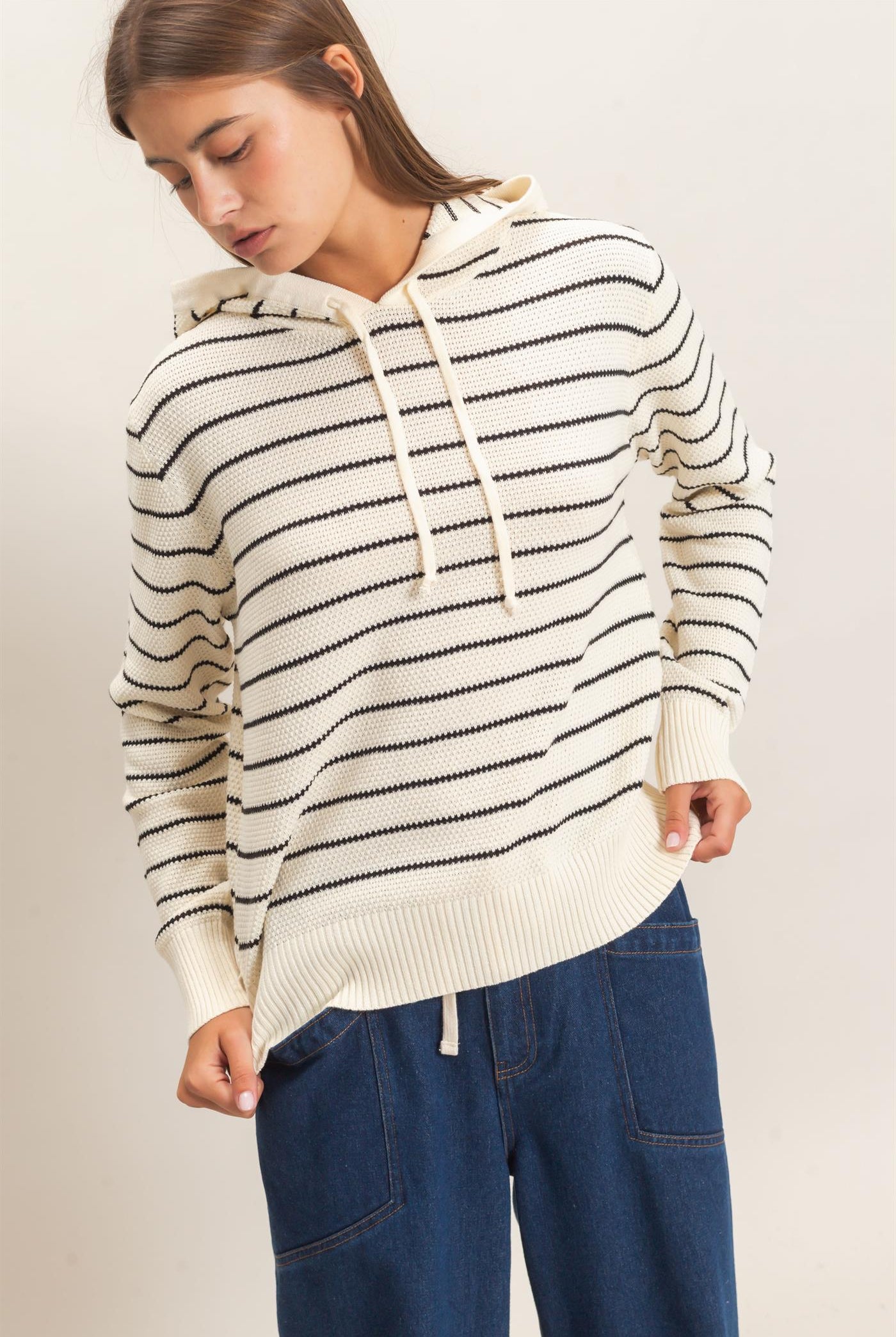 Wholesale Striped Hooded Sweater Hoodies DZ26C972 CREAM DOUBLE ZERO