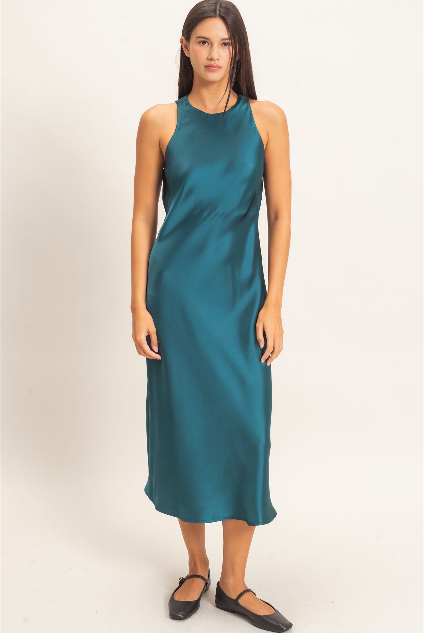 Wholesale Sleeveless Satin Midi Dress Dresses DZ26E257 DARK TEAL DOUBLE ZERO