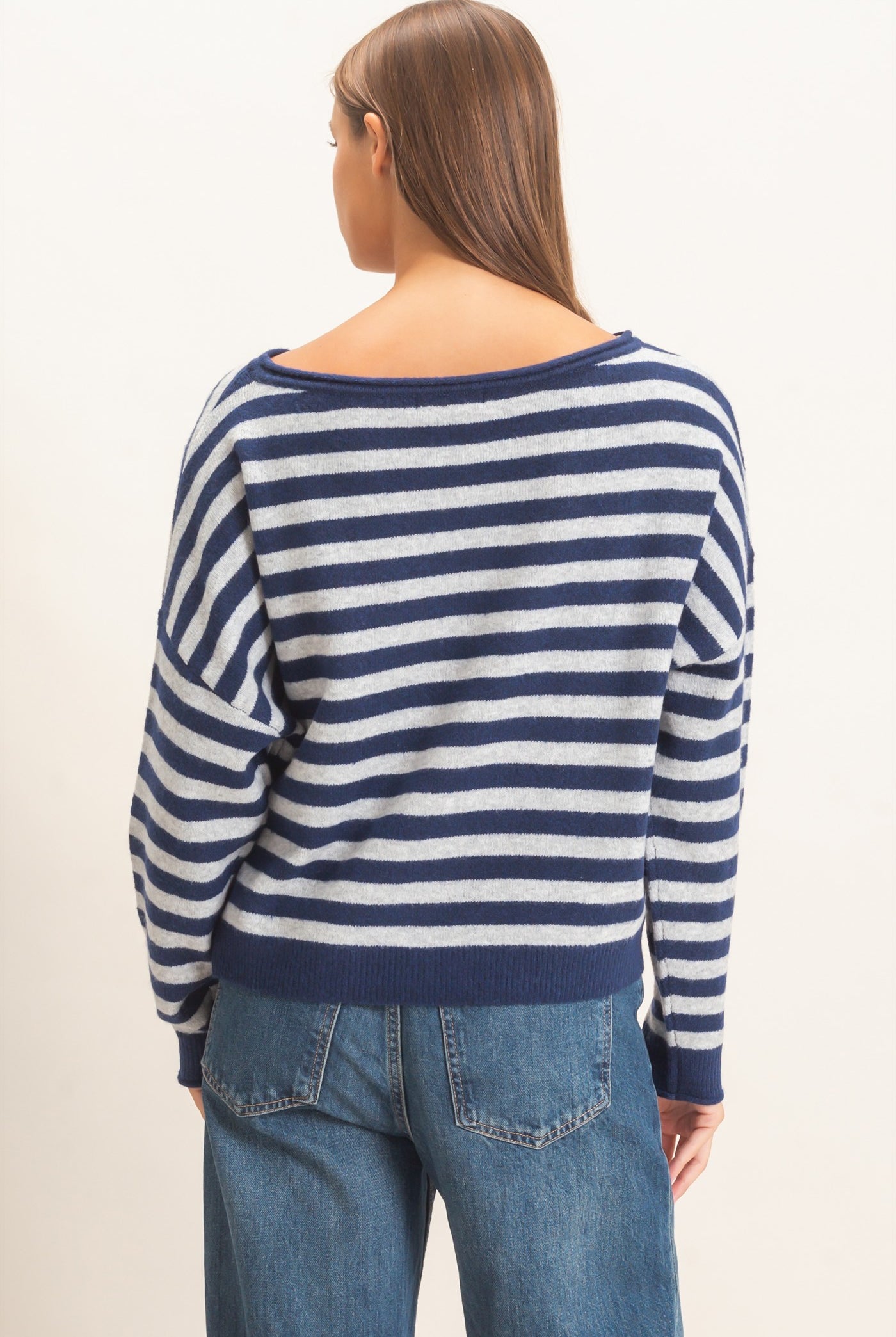 Wholesale Off The Shoulder Striped Sweater Sweaters DZ26E653 NAVY DOUBLE ZERO