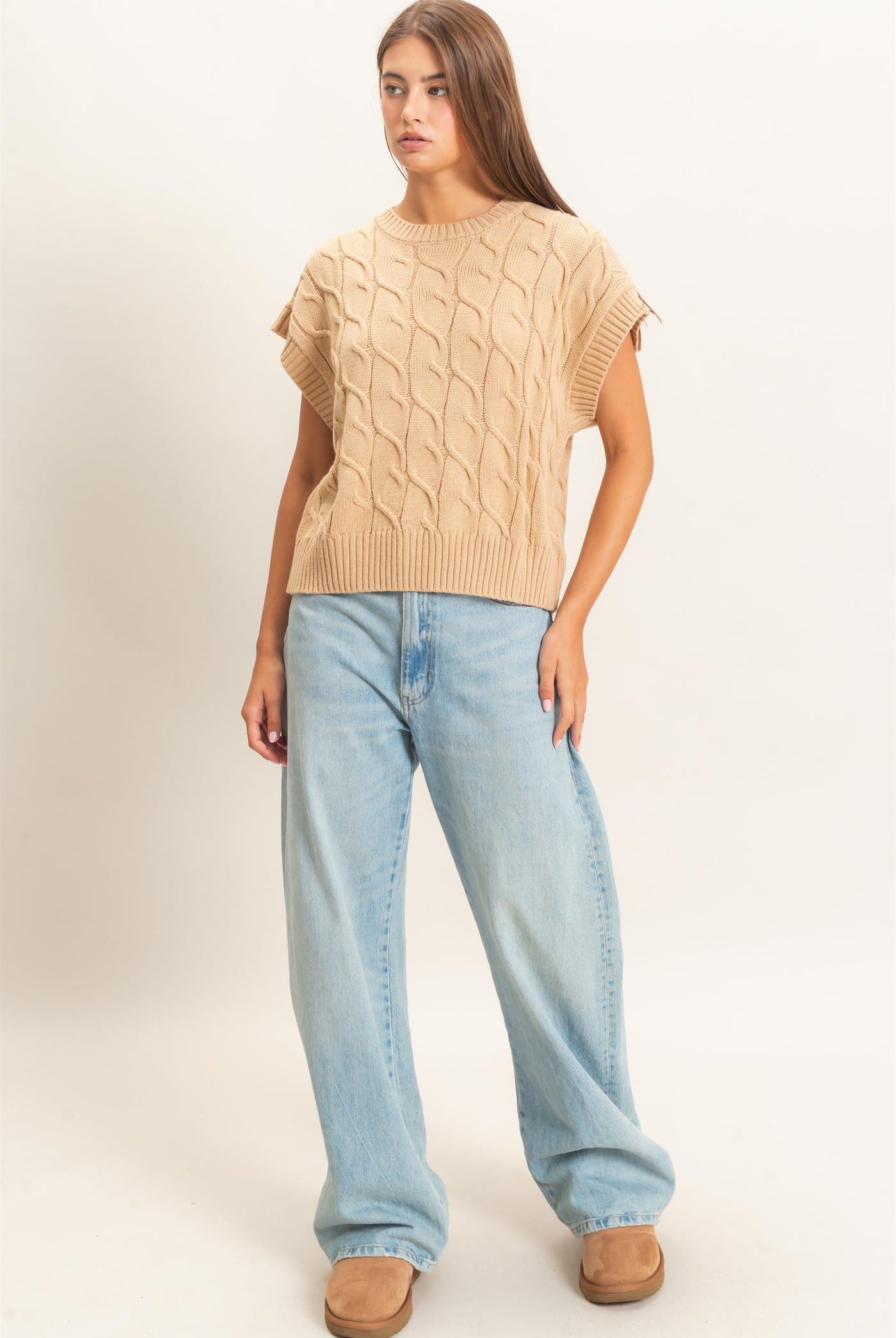 Wholesale Cable Knit Cap Sleeve Sweater Sweaters DZ26C974 TAUPE DOUBLE ZERO