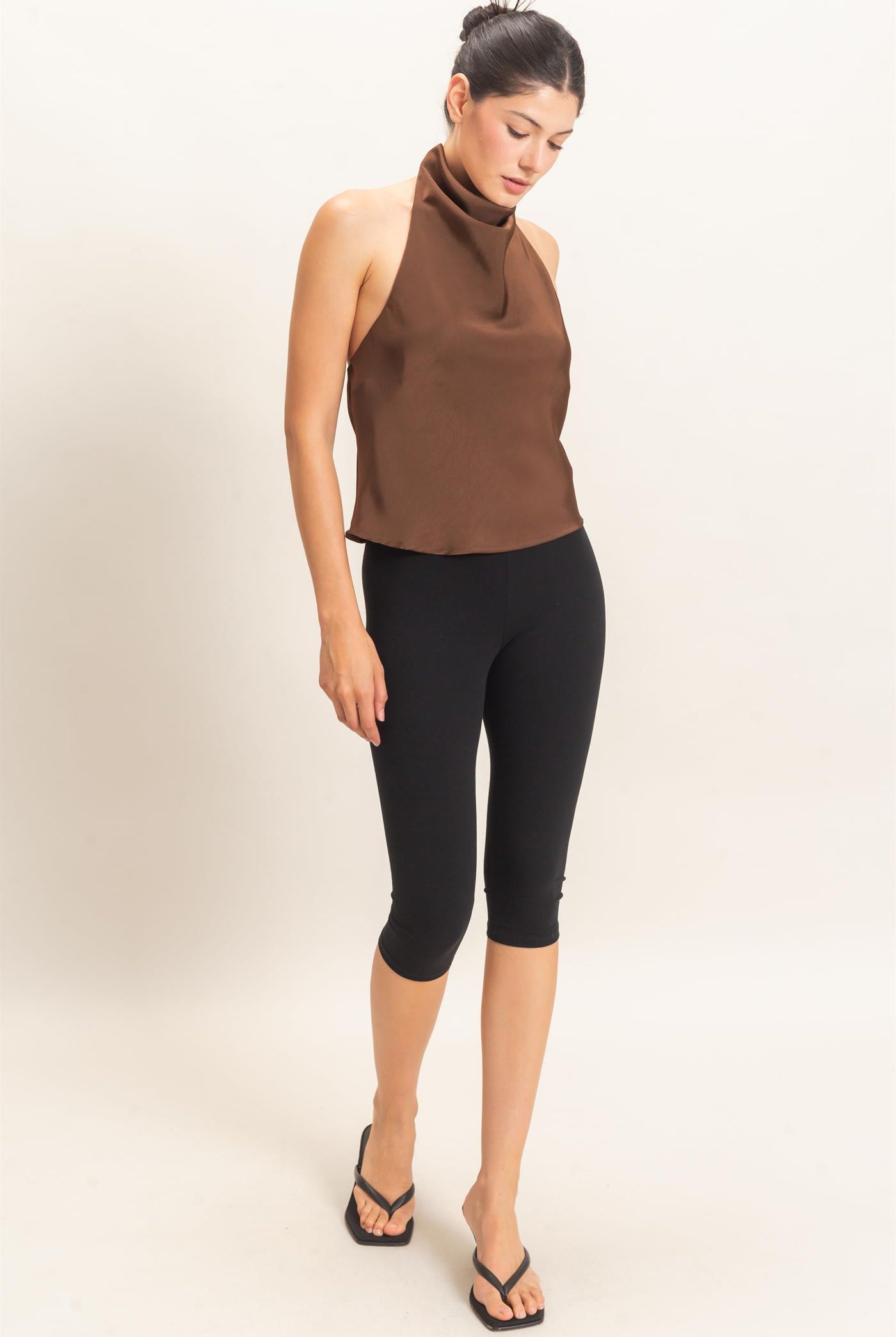 Wholesale Draped Halter Satin Top Blouses HF26E632 ESPRESSO HYFVE