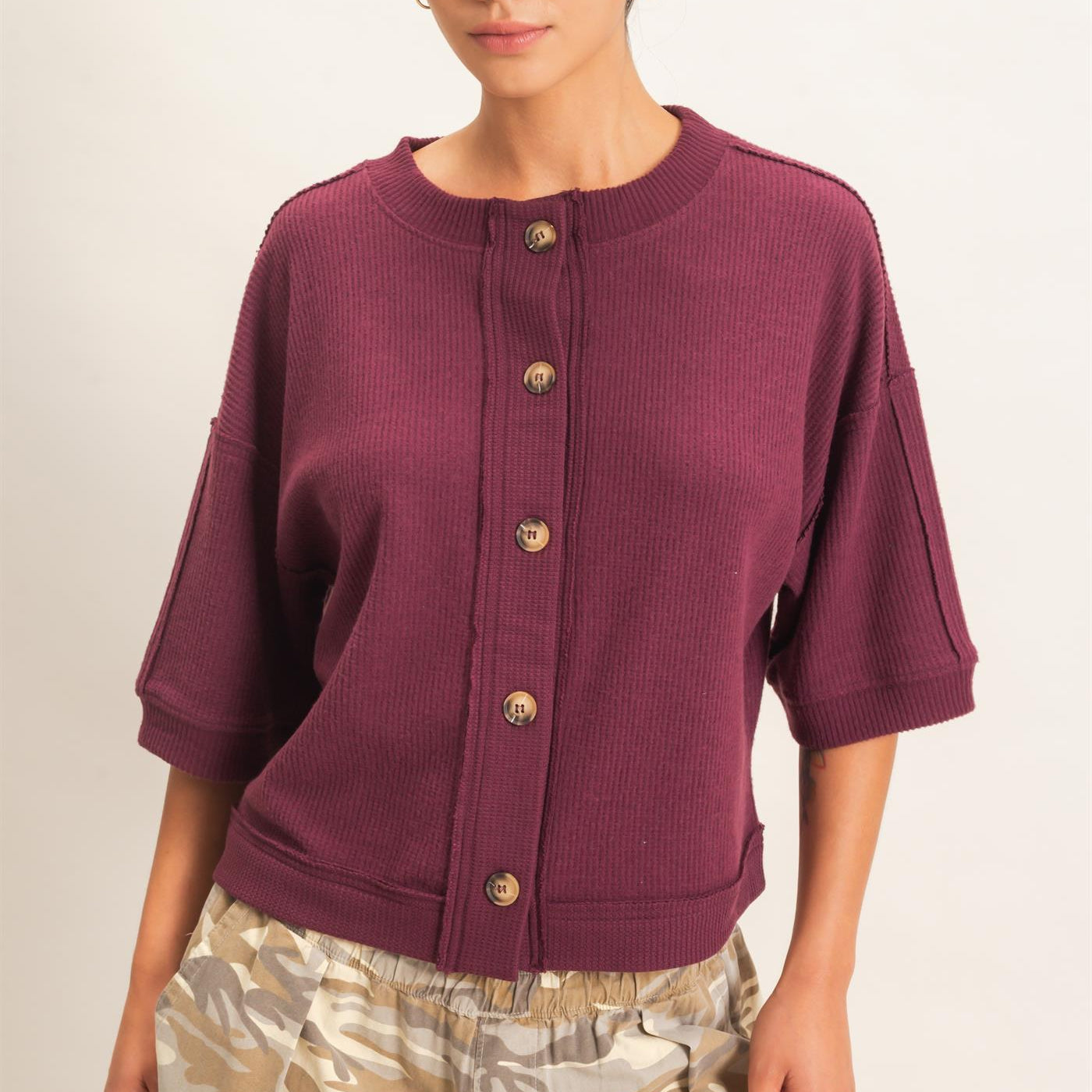 Wholesale Button-Down Short Sleeve Waffle Top Clothing Tops DZ26F244 DARK CHERRY DOUBLE ZERO