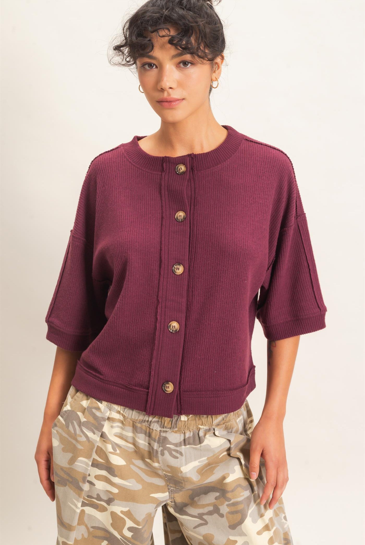 Wholesale Button-Down Short Sleeve Waffle Top Clothing Tops DZ26F244 DARK CHERRY DOUBLE ZERO