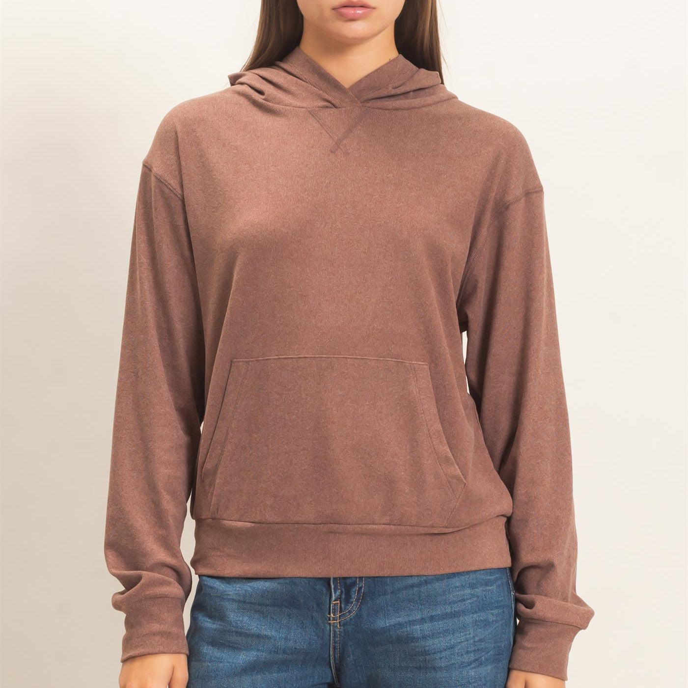 Wholesale Long Sleeve Hoodie With Kangaroo Pocket Hoodies DZ26F276 DARK BROWN DOUBLE ZERO