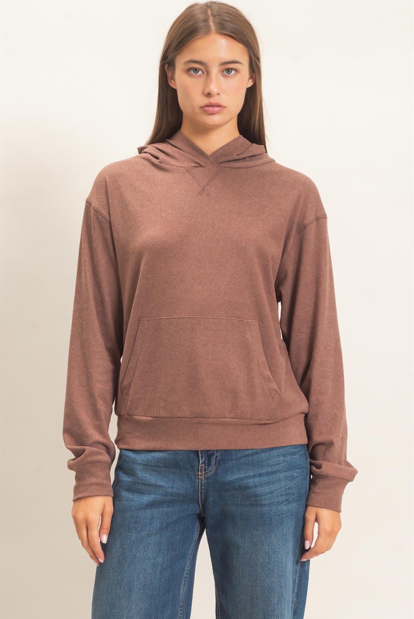 Wholesale Long Sleeve Hoodie With Kangaroo Pocket Hoodies DZ26F276 DARK BROWN DOUBLE ZERO