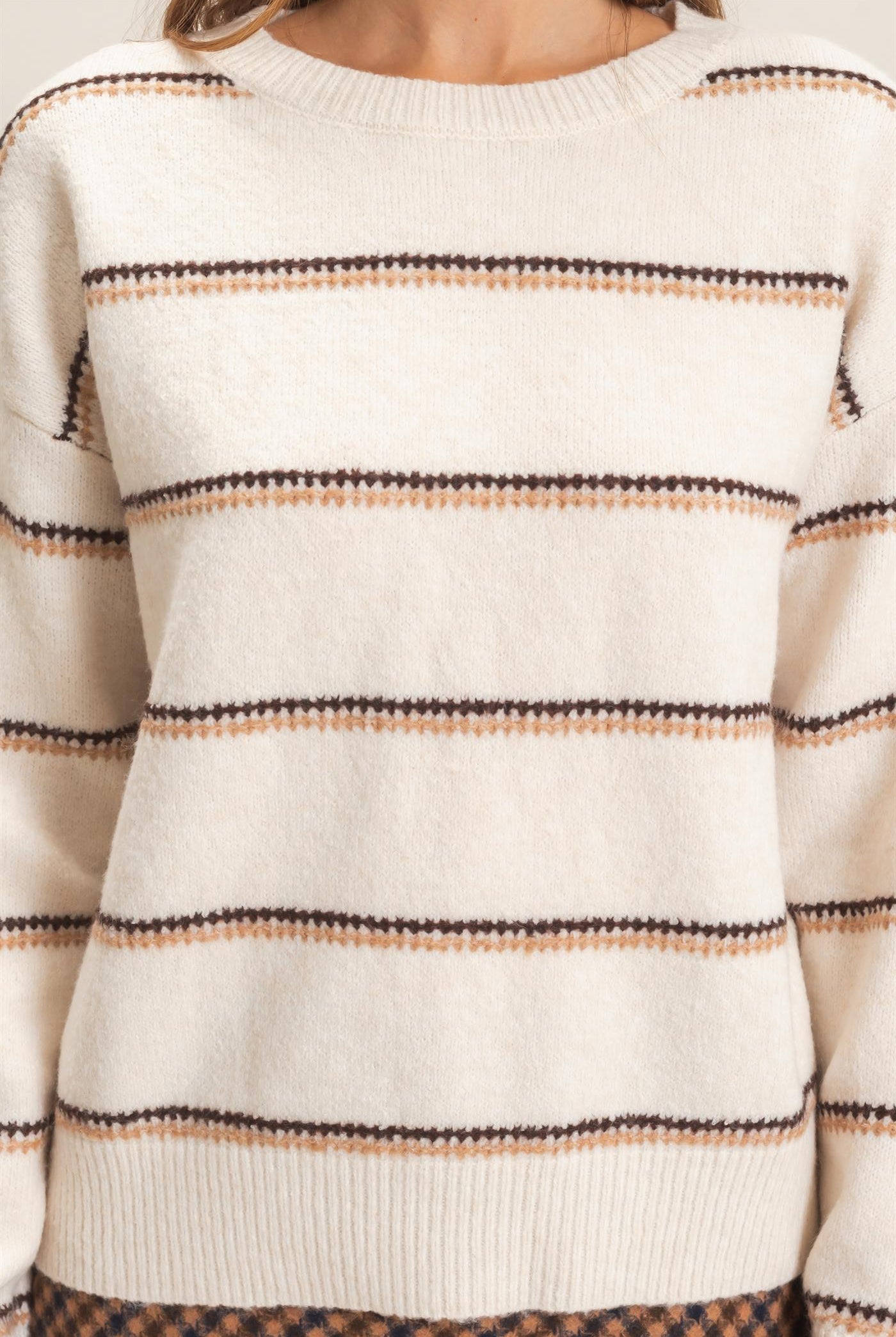 Wholesale Striped Crew Neck Sweater Sweaters HF26E696-D OATMEAL HYFVE