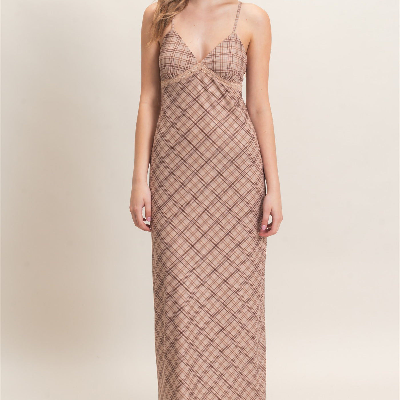 Wholesale Plaid Spaghetti Strap Midi Dress Dresses HF26E709 BEIGE HYFVE