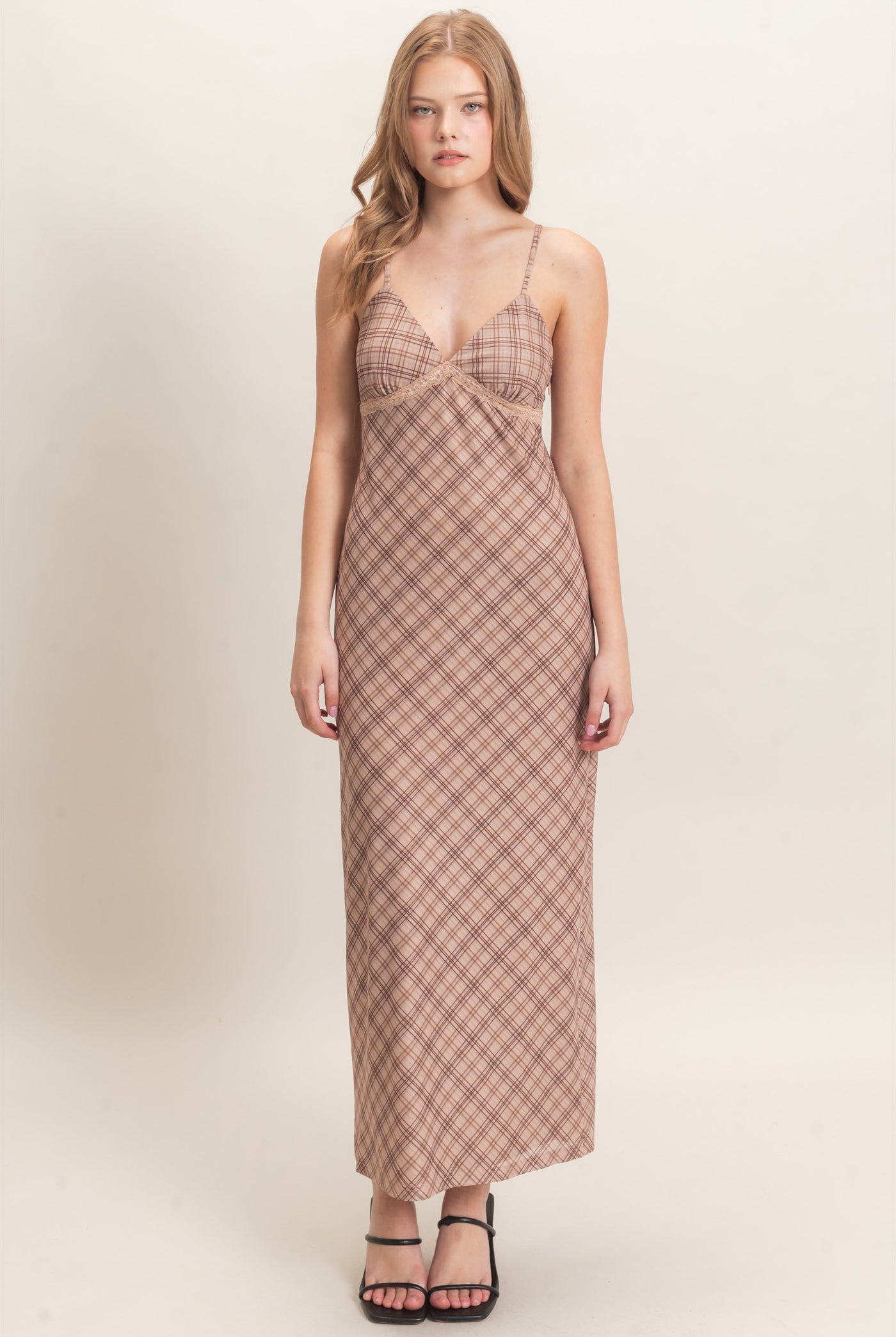 Wholesale Plaid Spaghetti Strap Midi Dress Dresses HF26E709 BEIGE HYFVE