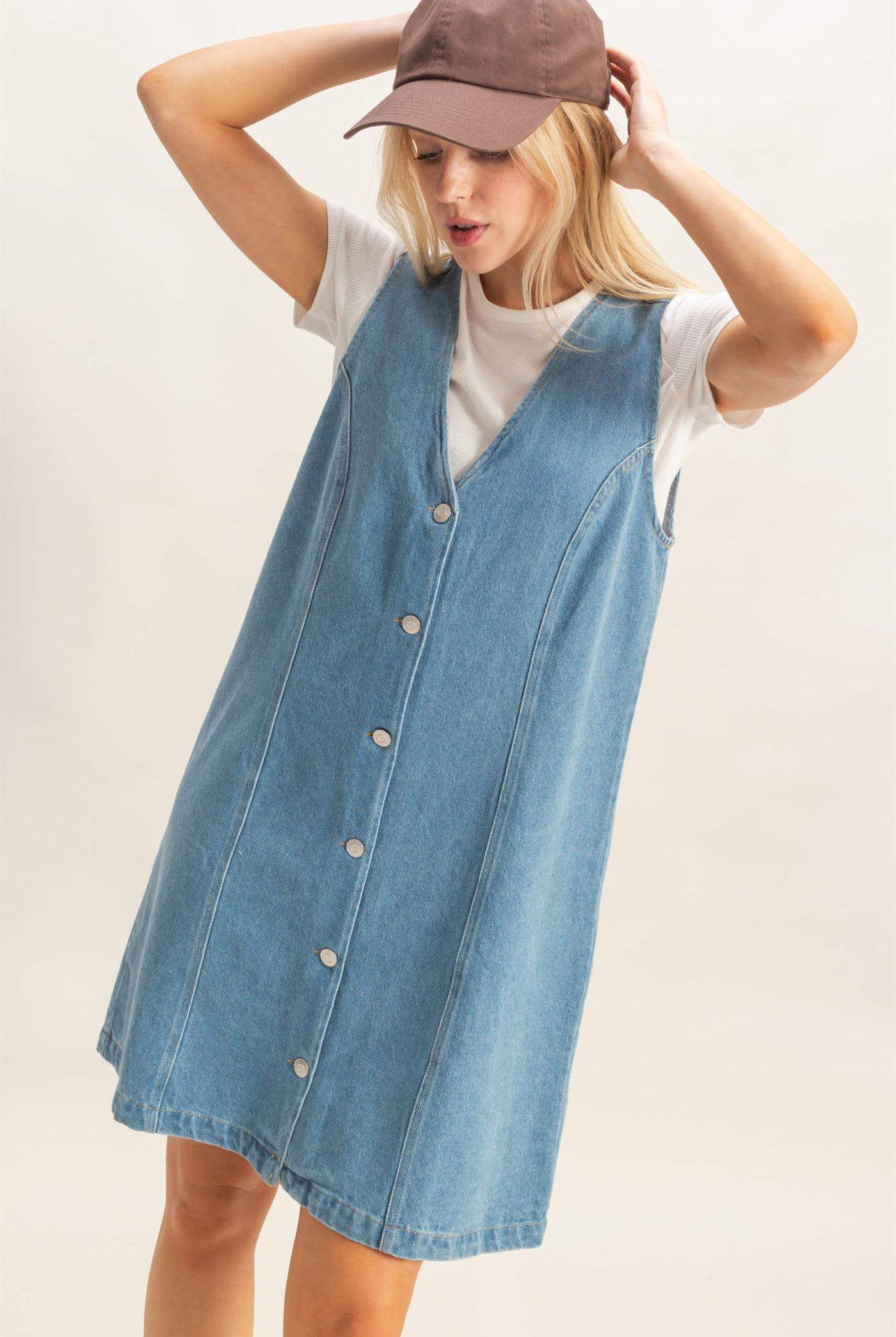 Wholesale V-Neck Button-Front Denim Dress Dresses HF26A273-D MEDIUM DENIM HYFVE