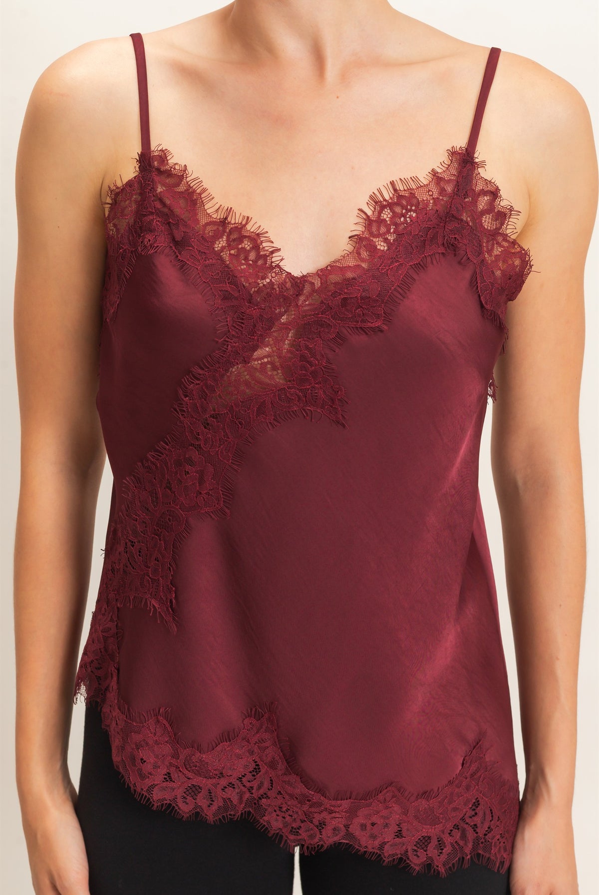 Wholesale Asymmetrical Satin Lace Top Camisoles HF26C945-D BURGUNDY HYFVE