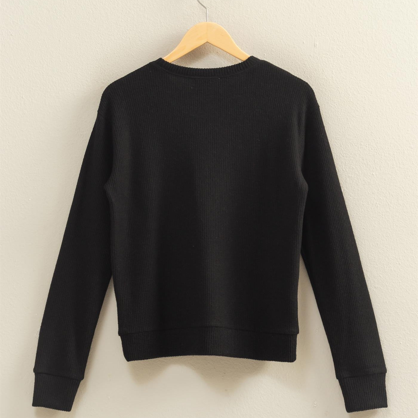 Wholesale Brushed Waffle Crew Neck Long Sleeve Top Clothing Tops DZ26A177 BLACK DOUBLE ZERO