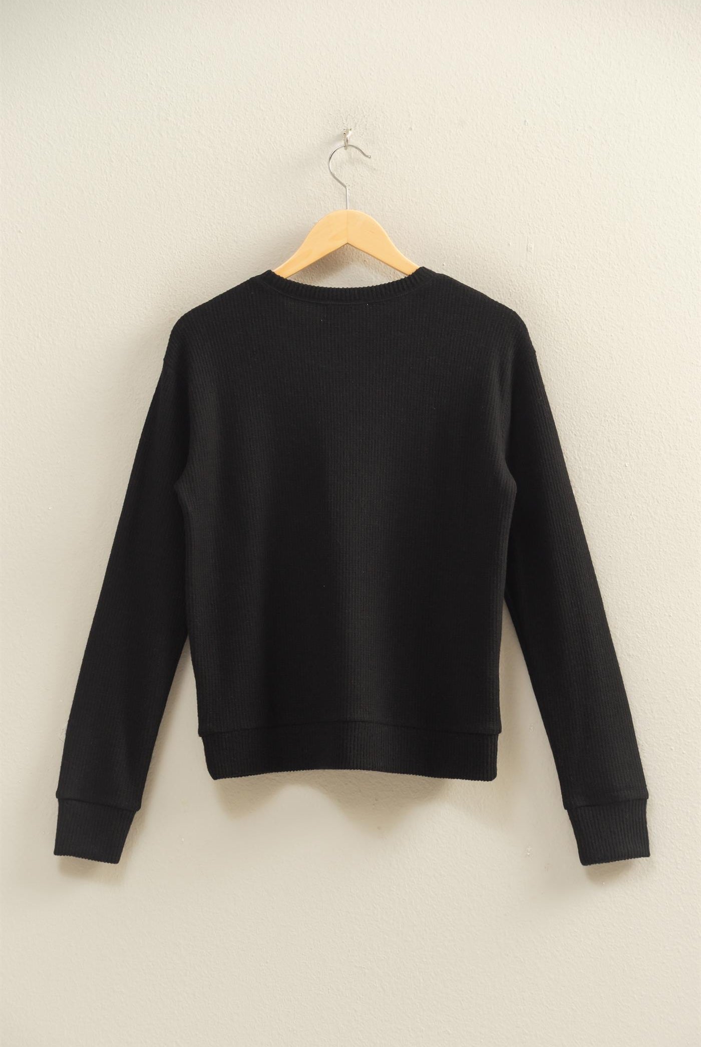 Wholesale Brushed Waffle Crew Neck Long Sleeve Top Clothing Tops DZ26A177 BLACK DOUBLE ZERO