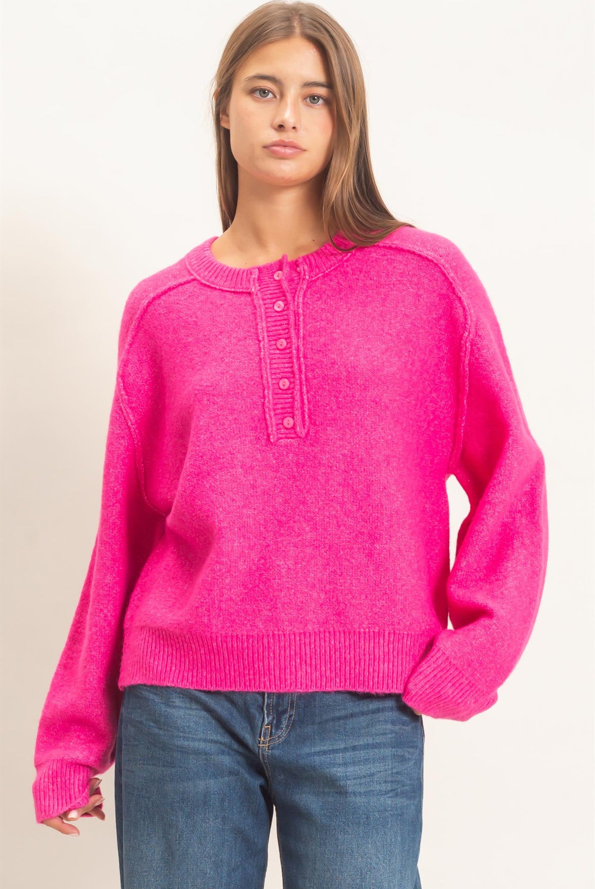 Wholesale Henley Sweater With Reverse Seams Sweaters DZ26F004 FUCHSIA DOUBLE ZERO