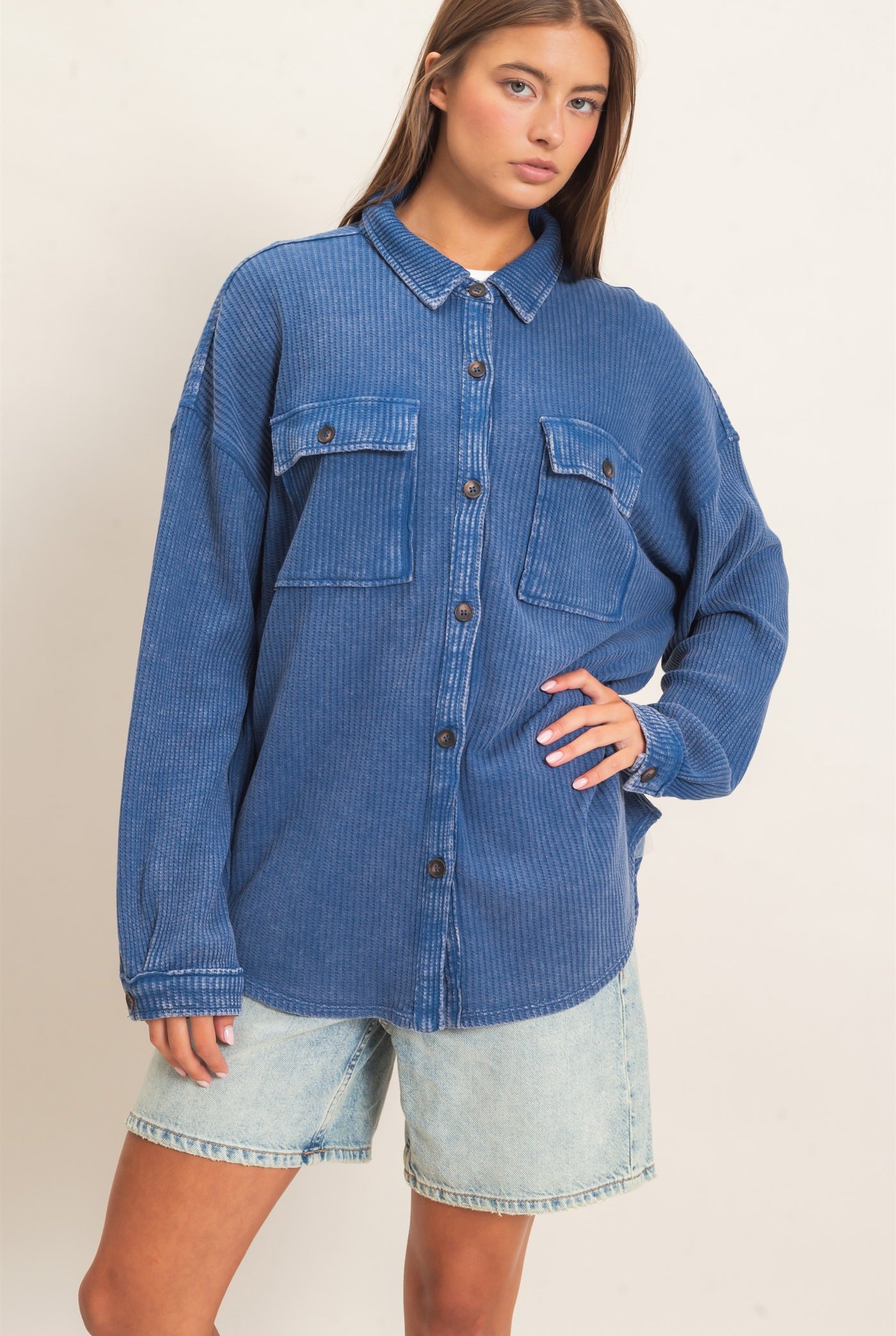 Wholesale Mineral Wash Waffle Knit Button-Up Shacket Coats & Jackets DZ26E249 NAVY DOUBLE ZERO