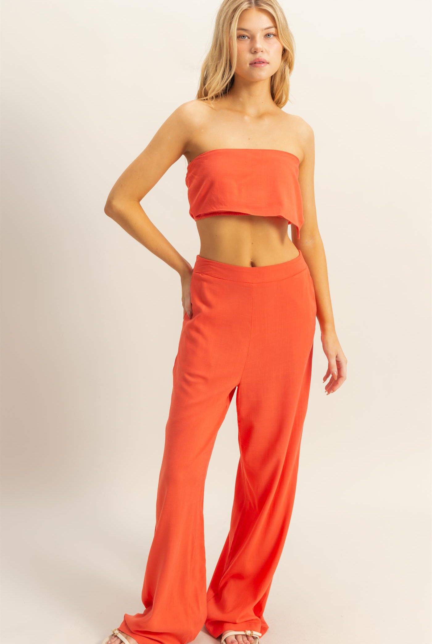 Wholesale Stretch Linen Top And Pants Set Clothing HF25E016-SET ORANGE RED HYFVE