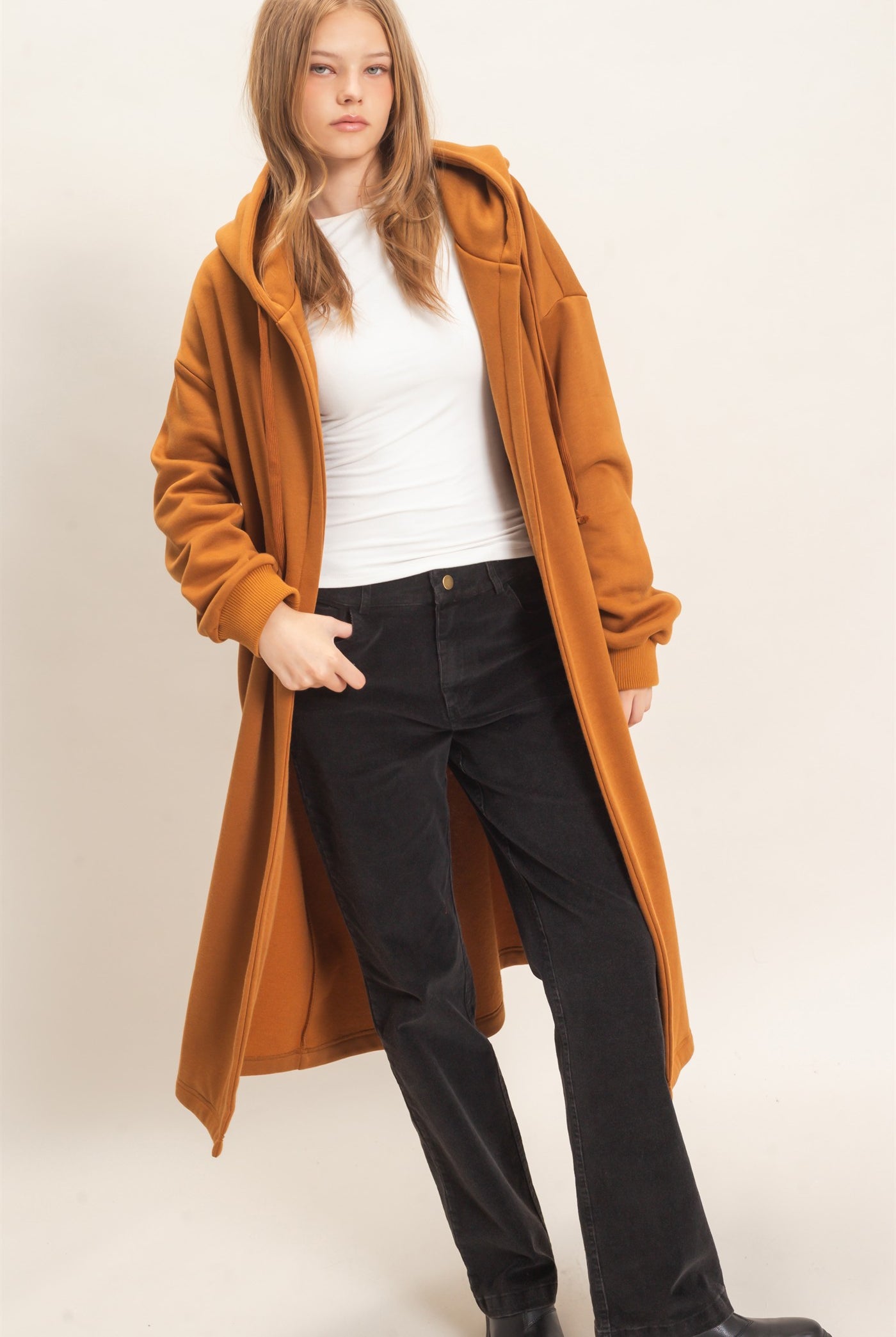 Wholesale Oversized Hooded Open Front Coat Coats & Jackets HF26F142-D CAMEL HYFVE