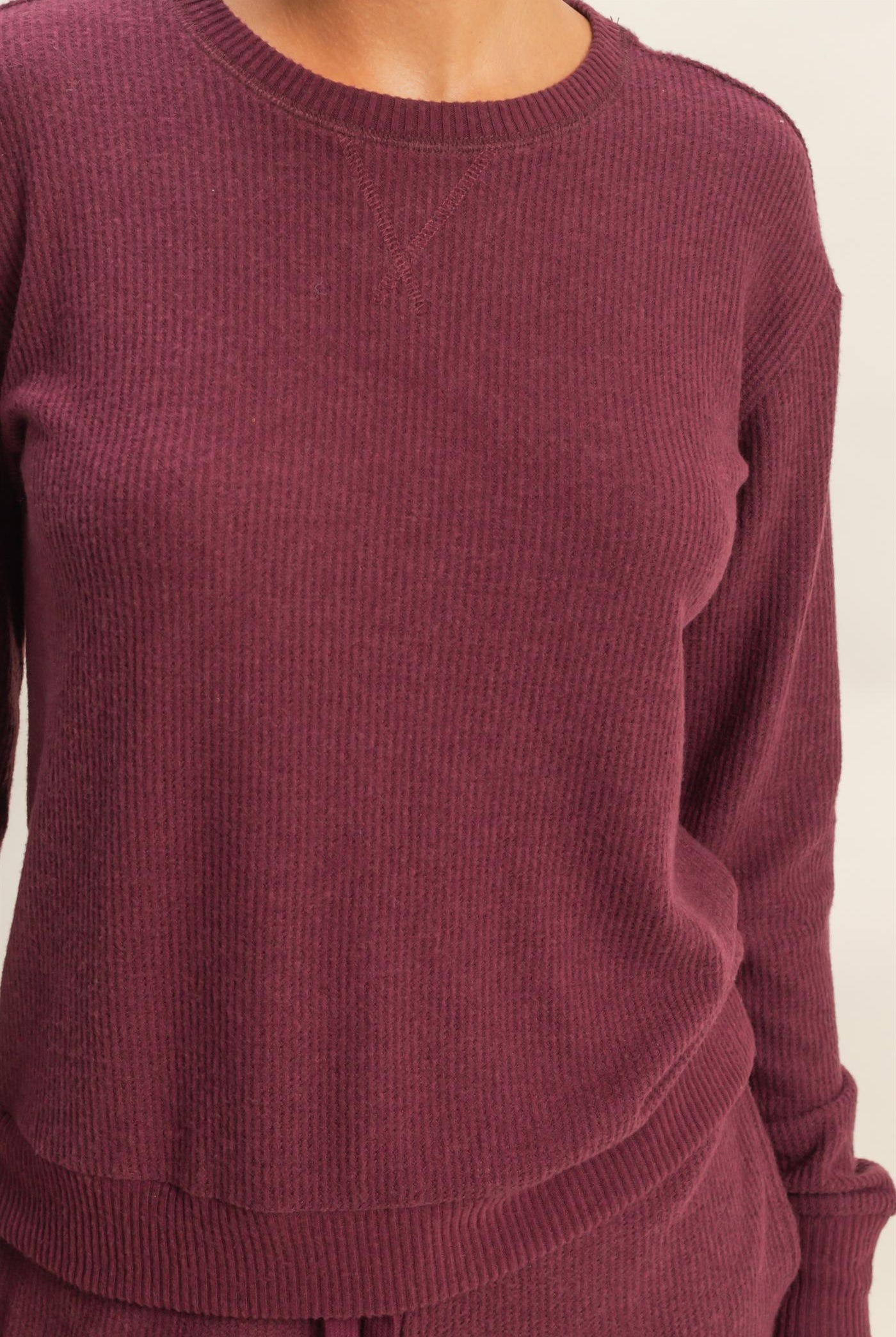 Wholesale Brushed Waffle Crew Neck Long Sleeve Top Clothing Tops DZ26A177 DARK CHERRY DOUBLE ZERO