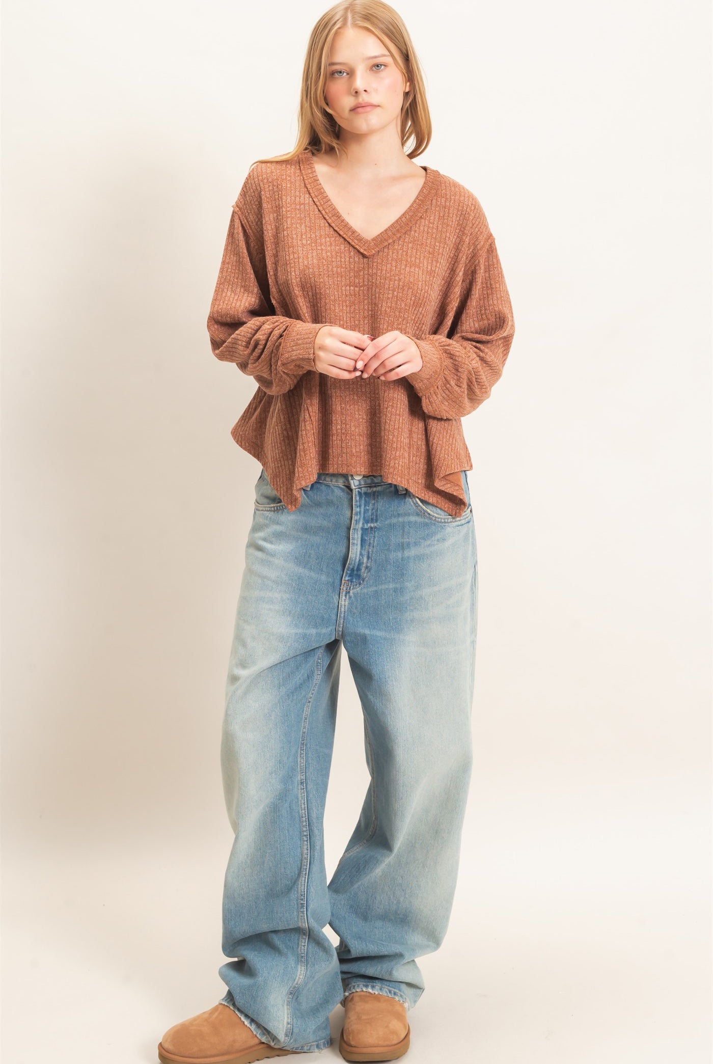 Wholesale Ribbed V-Neck Knit Top Shirts HF26F351 BRICK HYFVE
