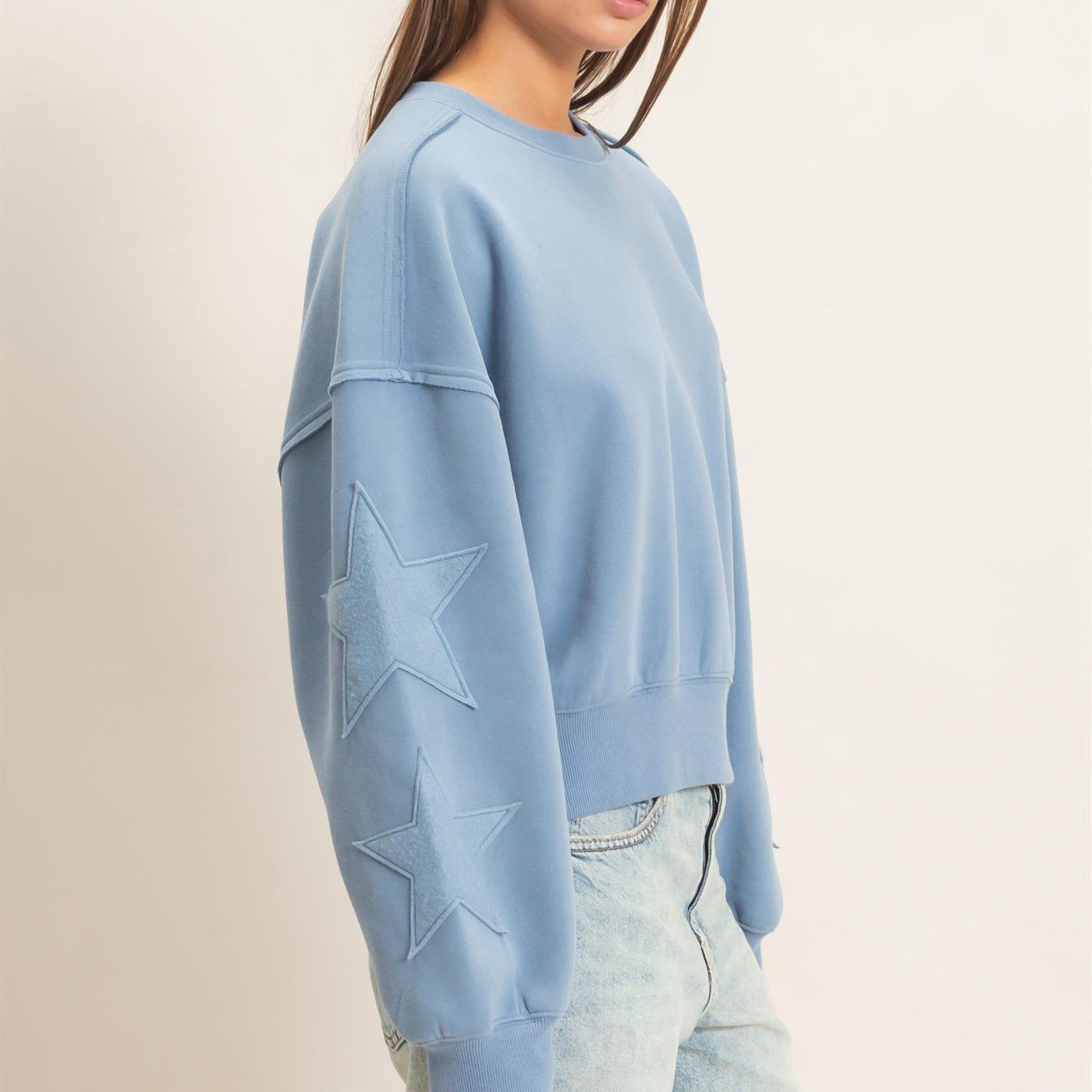 Wholesale Star Patch Sleeve Sweatshirt Sweatshirts DZ26E888 DUSTY BLUE DOUBLE ZERO