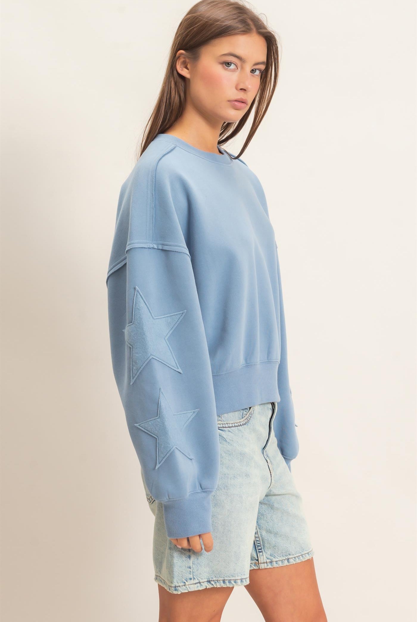 Wholesale Star Patch Sleeve Sweatshirt Sweatshirts DZ26E888 DUSTY BLUE DOUBLE ZERO