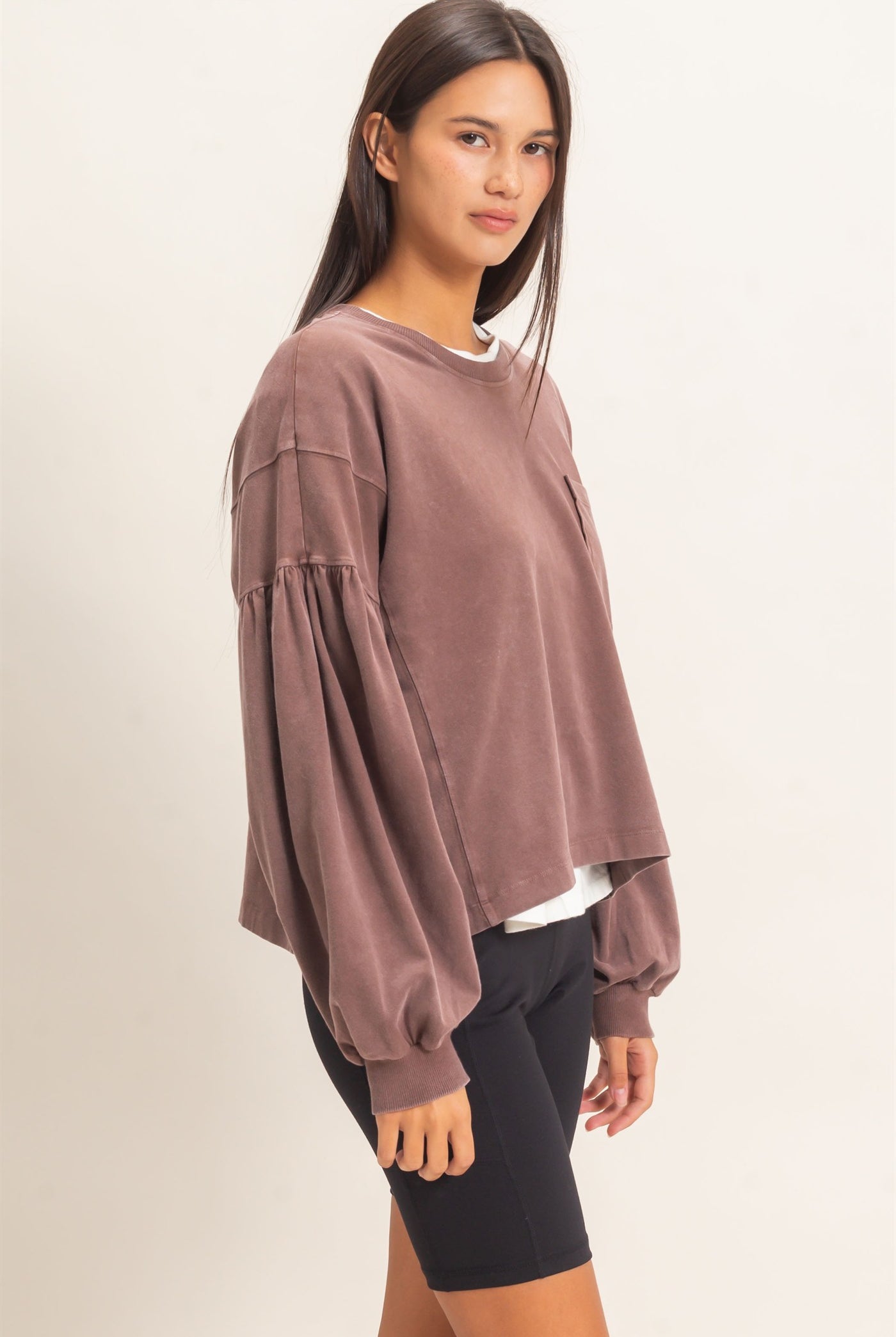 Wholesale Mineral Wash Puff Long Sleeve Boxy Top Clothing Tops DZ26F402 DARK BROWN DOUBLE ZERO