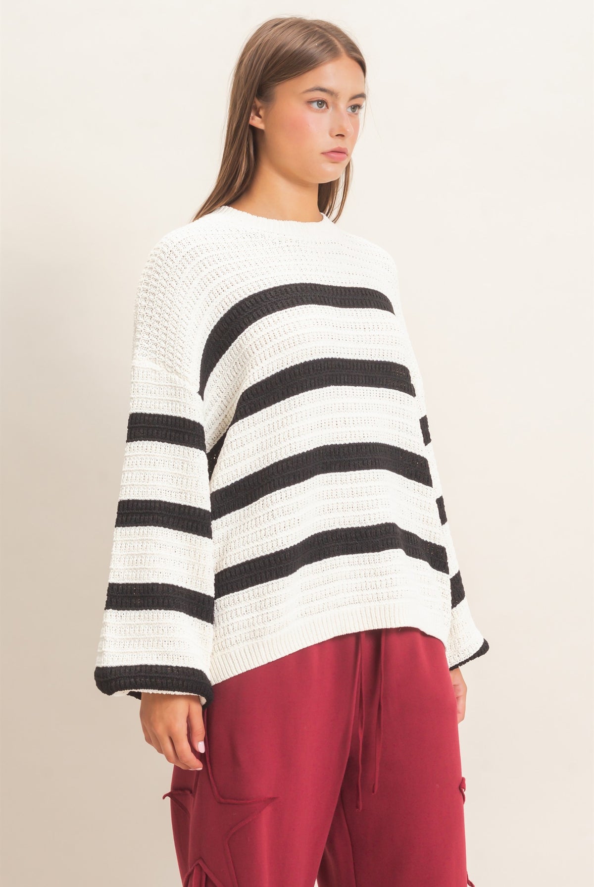 Wholesale Striped Oversized Sweater Sweaters DZ27A192 CREAM DOUBLE ZERO