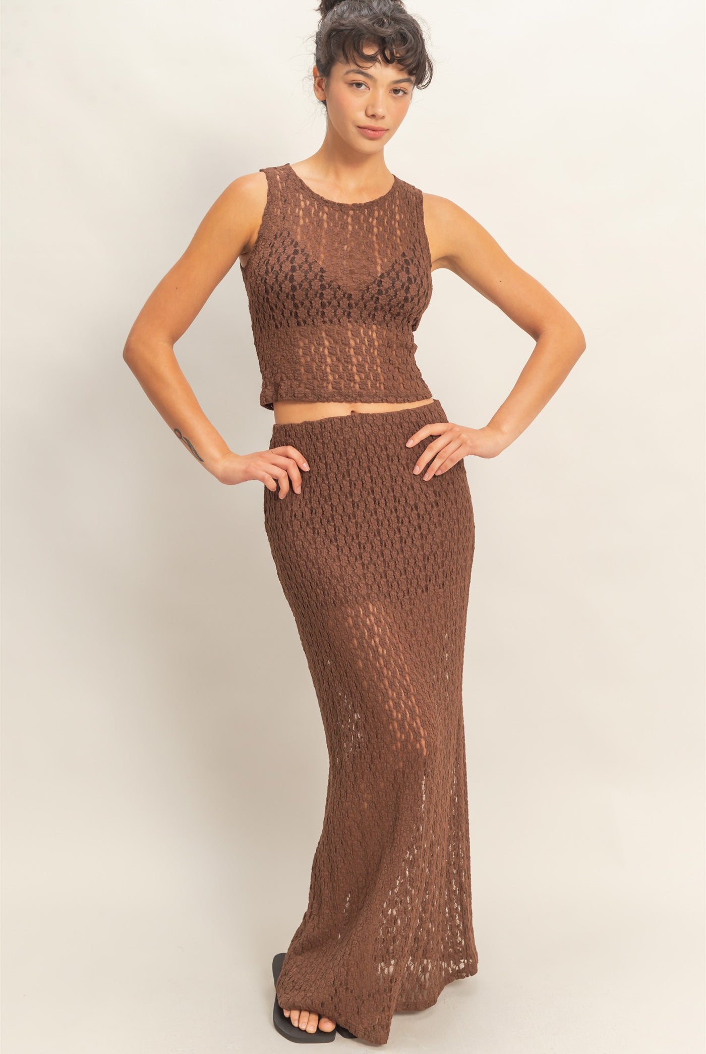 Wholesale Round Neck Lace Top & Lace Maxi Skirt Set Clothing DZ26C670-SET CHOCOLATE DOUBLE ZERO