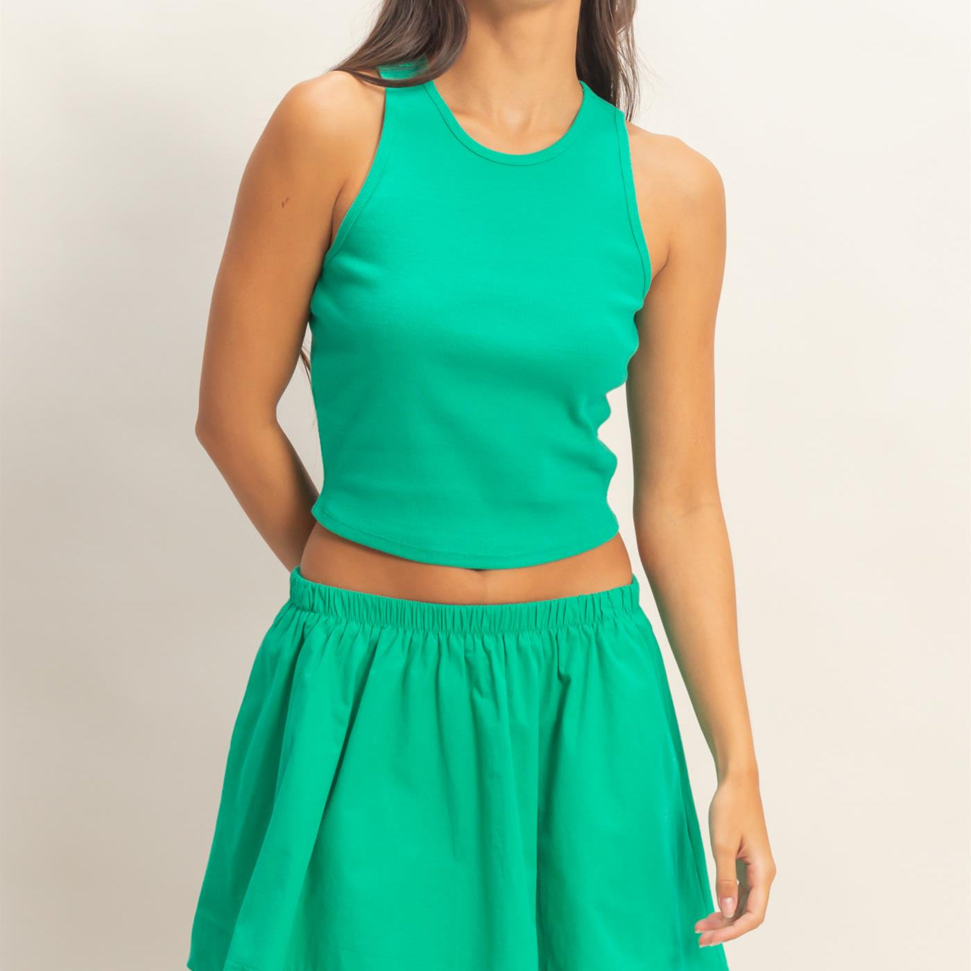 Wholesale Sleeveless Ribbed Top And Skirt Set Clothing DZ26C346-SET GREEN DOUBLE ZERO