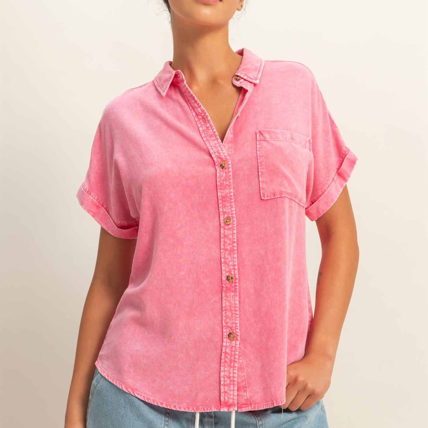 Wholesale Mineral Wash Button-Up Dolman Sleeve Shirt Shirts DZ26C132 TAFFY PINK DOUBLE ZERO
