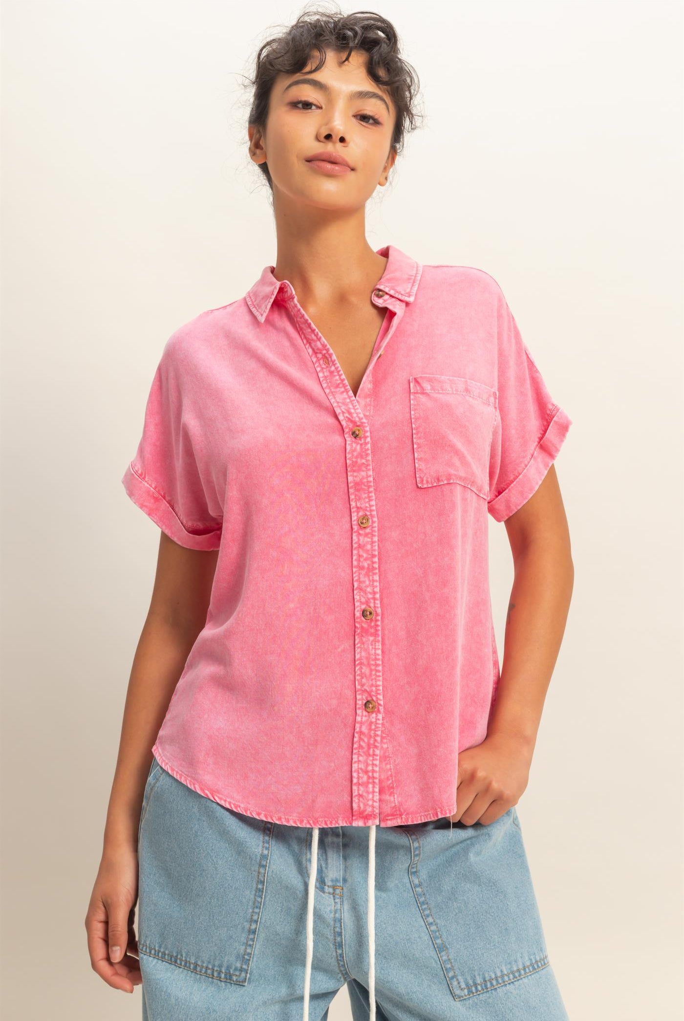 Wholesale Mineral Wash Button-Up Dolman Sleeve Shirt Shirts DZ26C132 TAFFY PINK DOUBLE ZERO