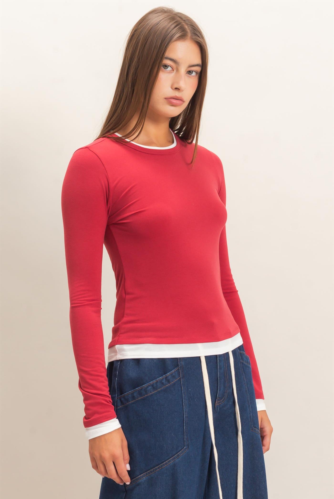 Wholesale Layered Effect Long Sleeve Top Clothing Tops DZ26F341 DARK RED DOUBLE ZERO
