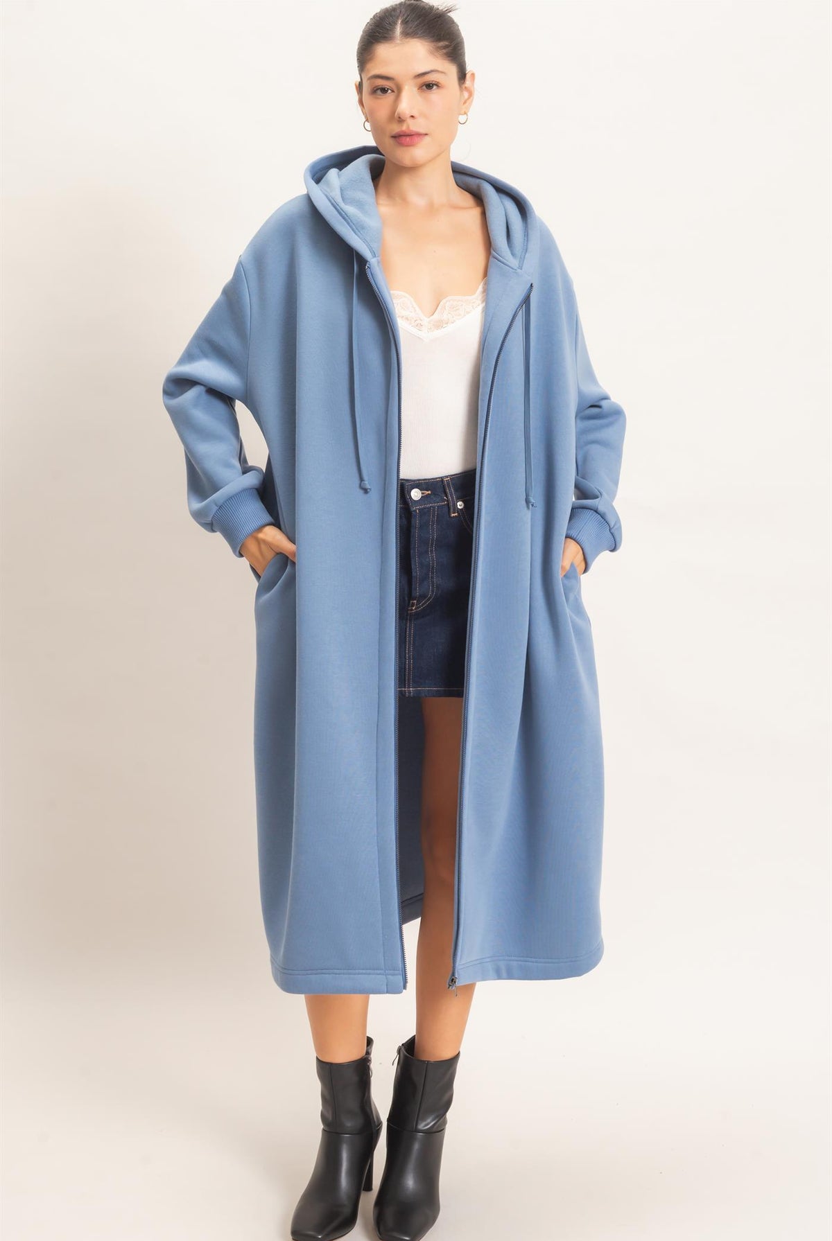 Wholesale Oversized Longline Zip-Up Hoodie Jacket Outerwear HF26E650 DENIM BLUE HYFVE