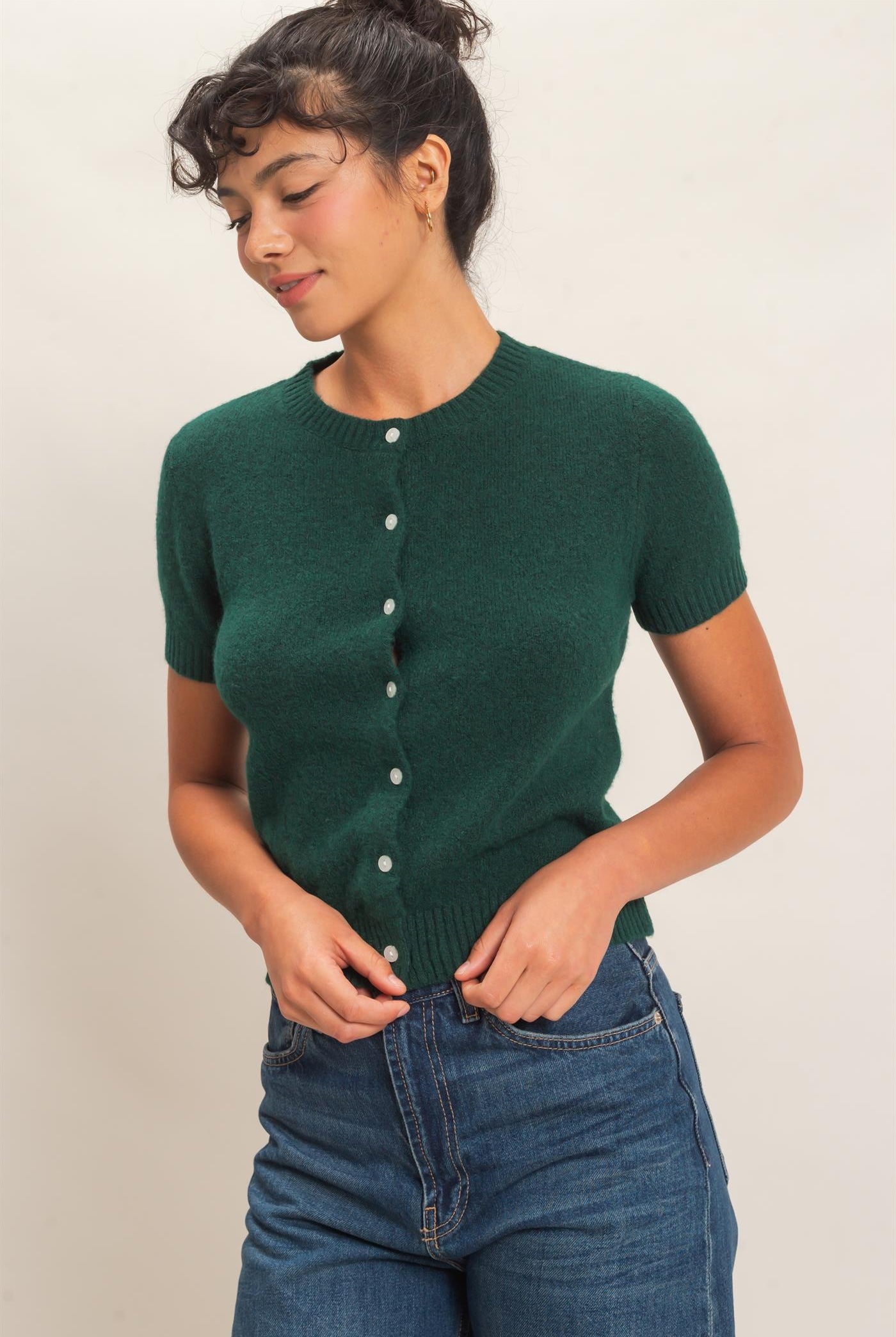 Wholesale Crew Neck Short Sleeve Cardigan Cardigans DZ26E108 DARK GREEN DOUBLE ZERO